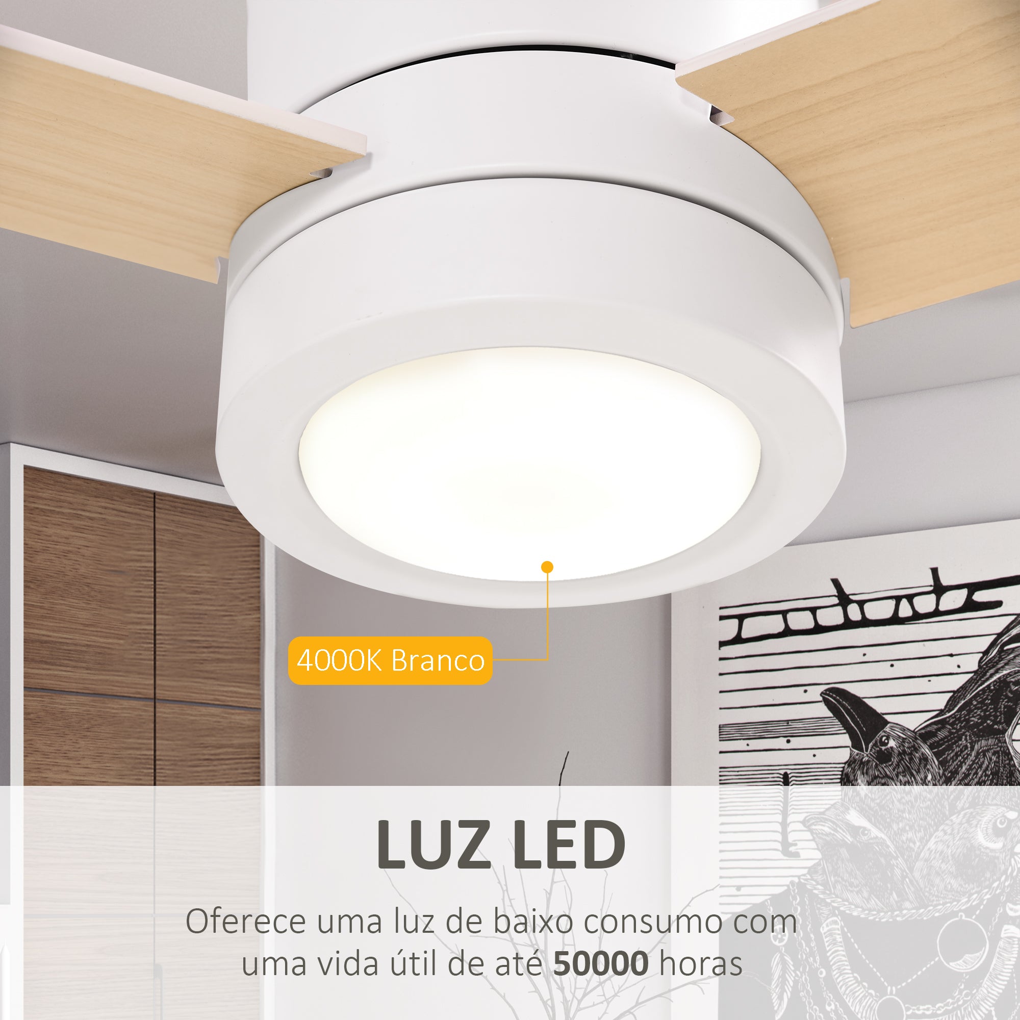 Ventoinha de Teto Ø112x25cm Branco com Luz LED e Controle Remoto