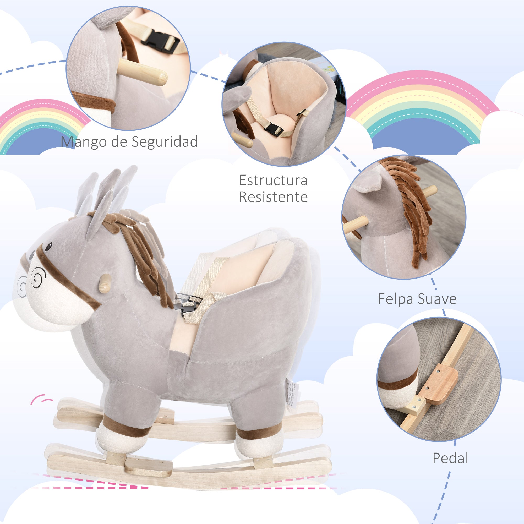 Baloiço Infantil Forma de Burro de Pelúcia 61x34x58 cm Cinzento