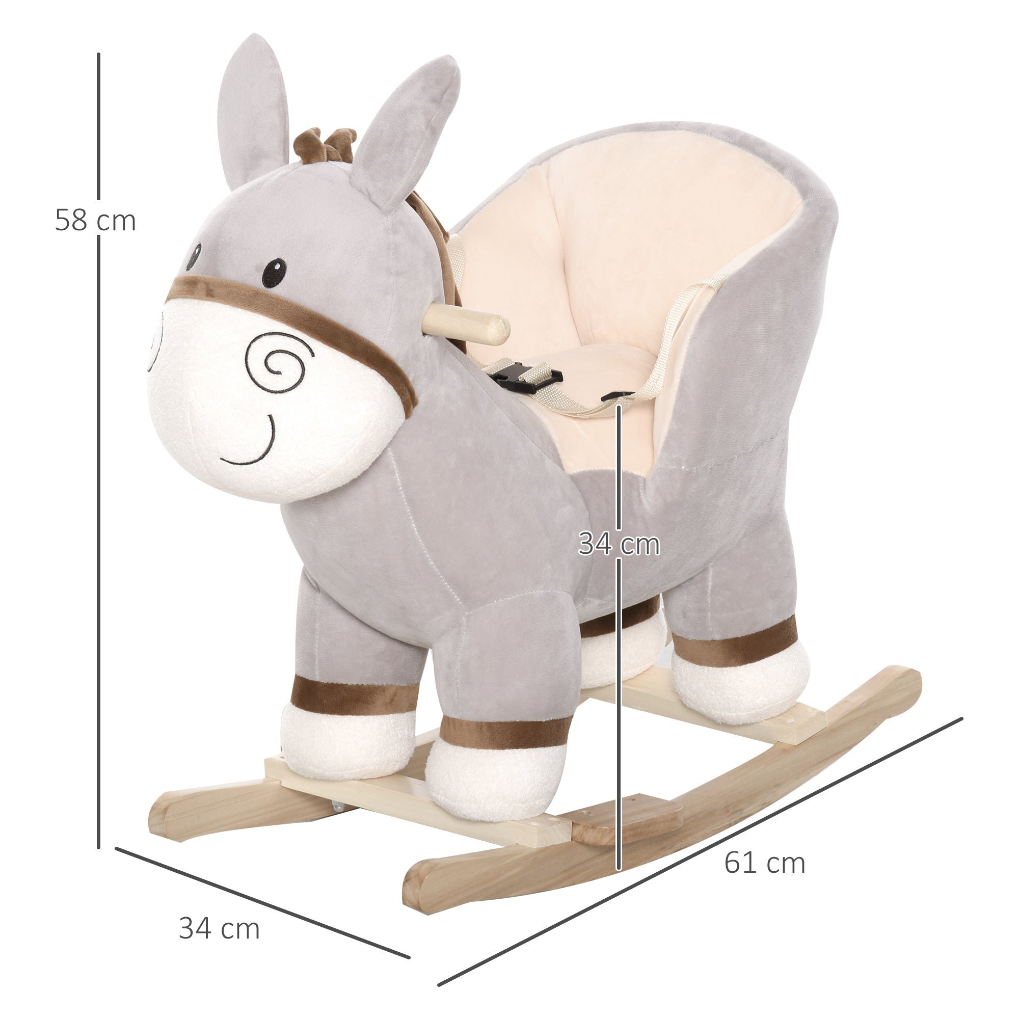 Baloiço Infantil Forma de Burro de Pelúcia 61x34x58 cm Cinzento