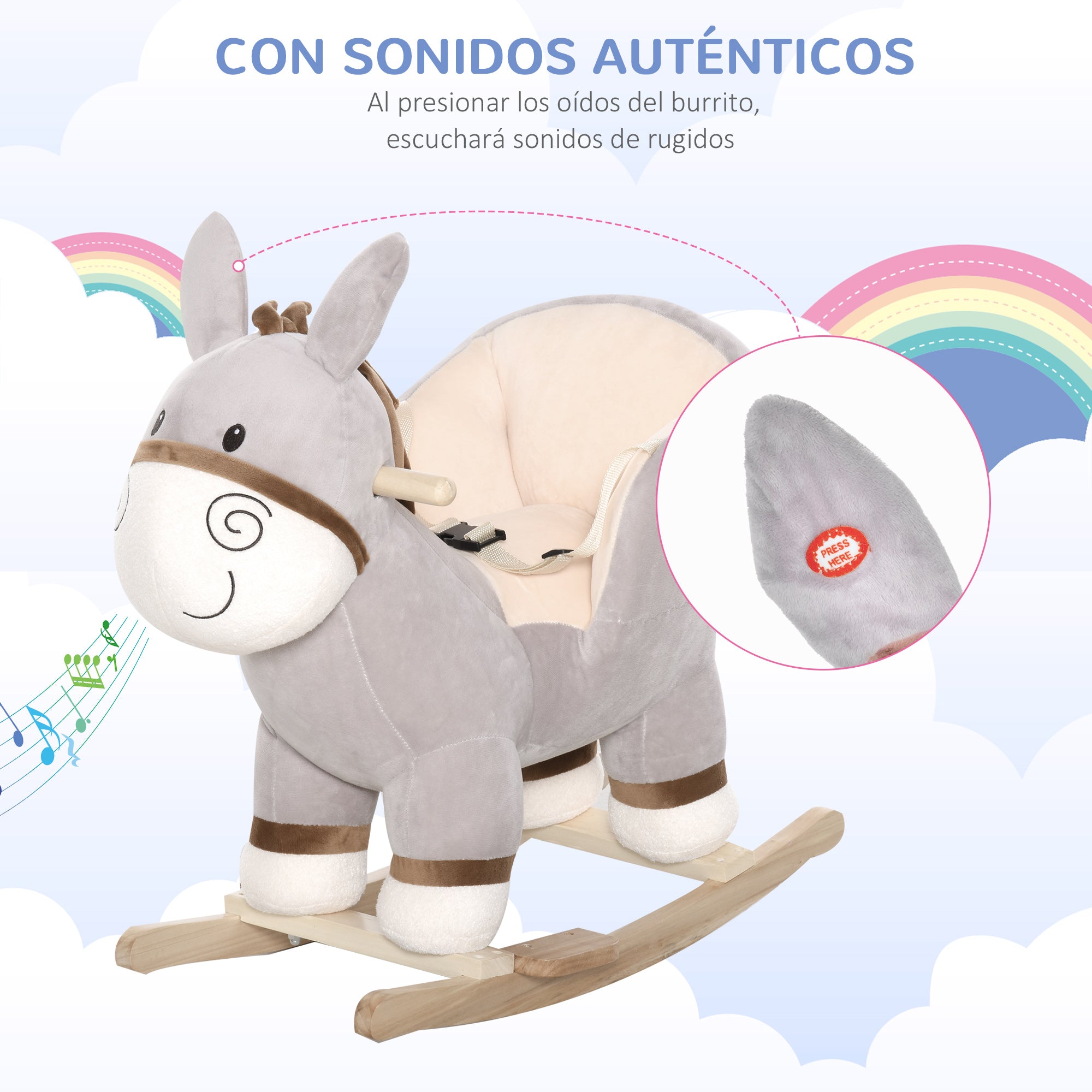 Baloiço Infantil Forma de Burro de Pelúcia 61x34x58 cm Cinzento