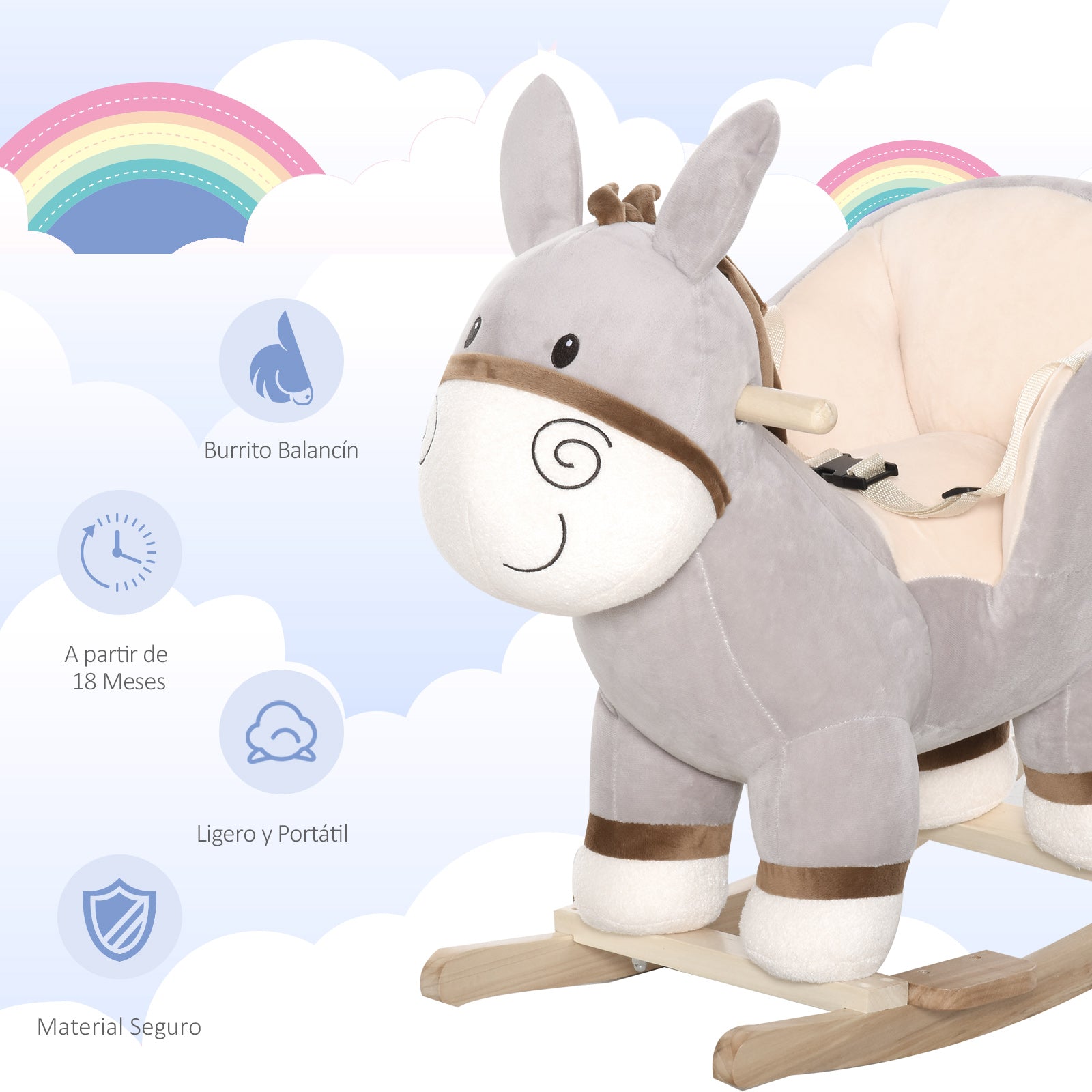 Baloiço Infantil Forma de Burro de Pelúcia 61x34x58 cm Cinzento