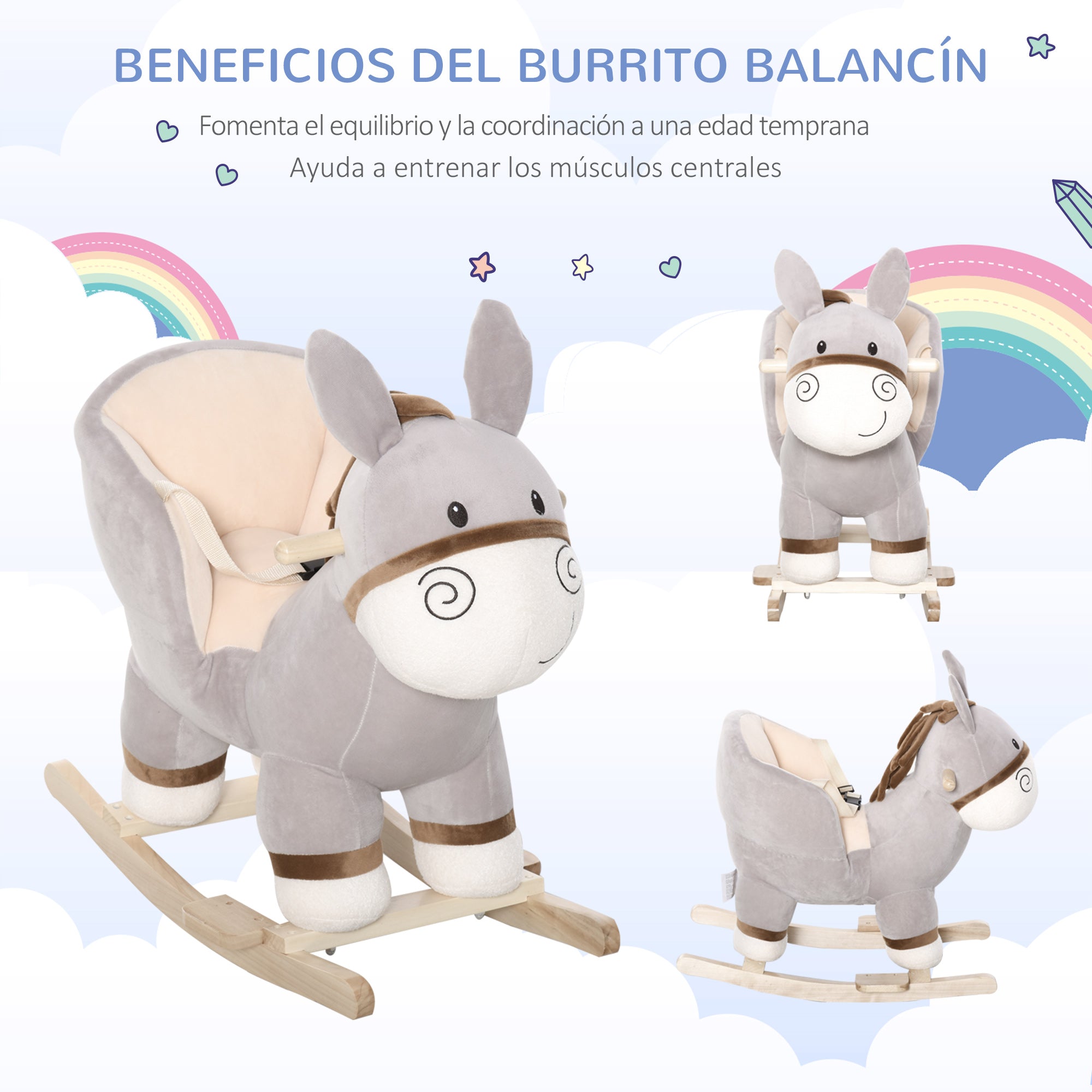 Baloiço Infantil Forma de Burro de Pelúcia 61x34x58 cm Cinzento
