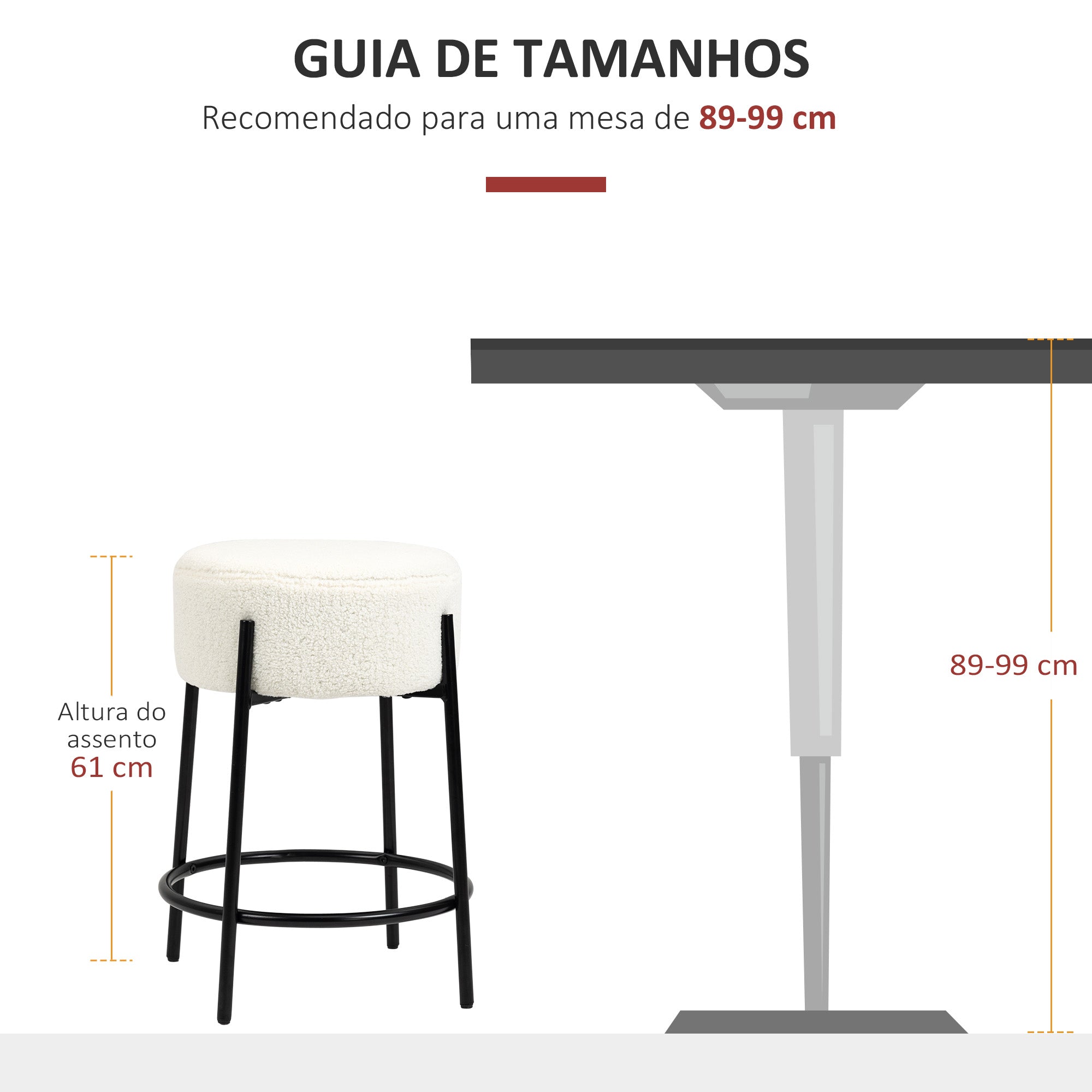 Conjunto de 2 Bancos Altos de Cozinha – Ø43x62 cm – Branco – Tecido de carneiro sintética