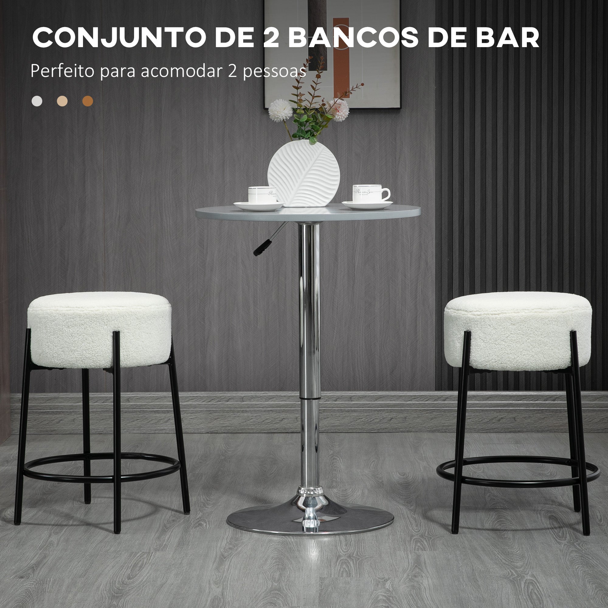 Conjunto de 2 Bancos Altos de Cozinha – Ø43x62 cm – Branco – Tecido de carneiro sintética