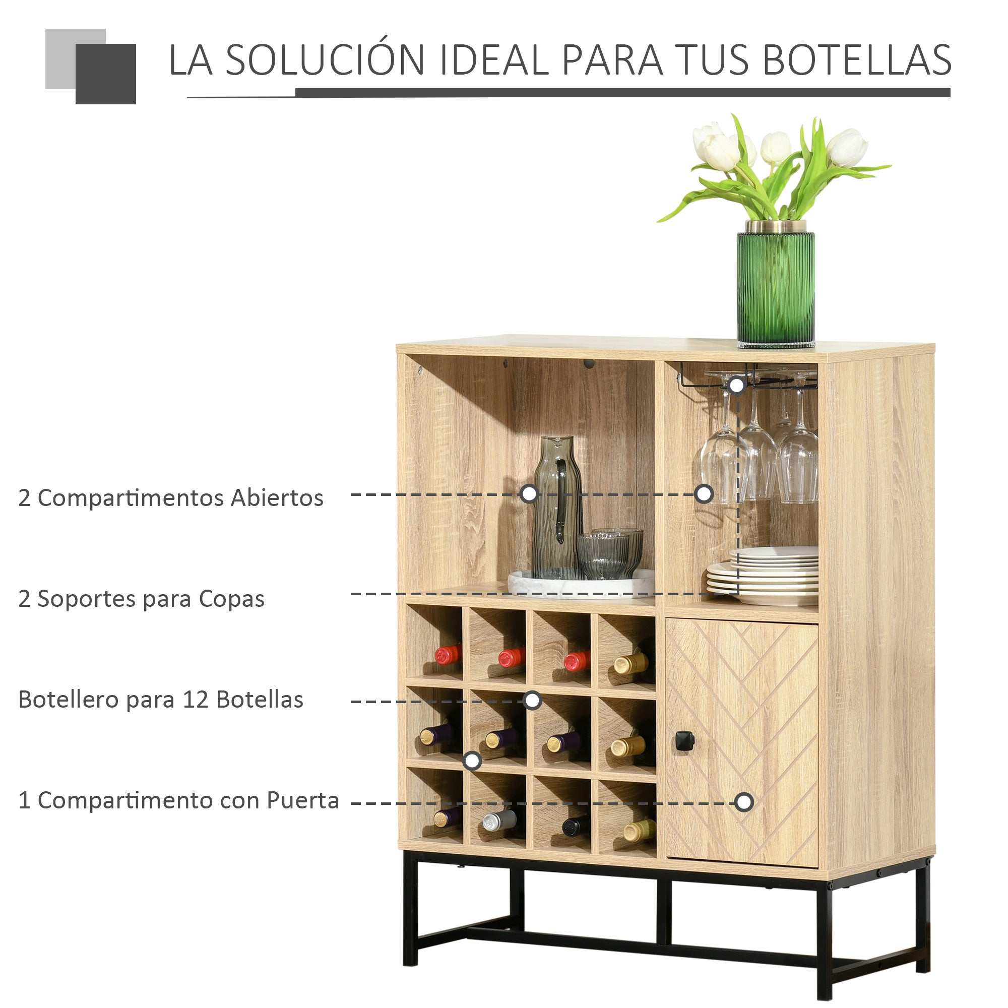 Aparador de Cozinha com Suporte para 12 Garrafas e 6 Taças - Madeira Natural - 76x35x97cm