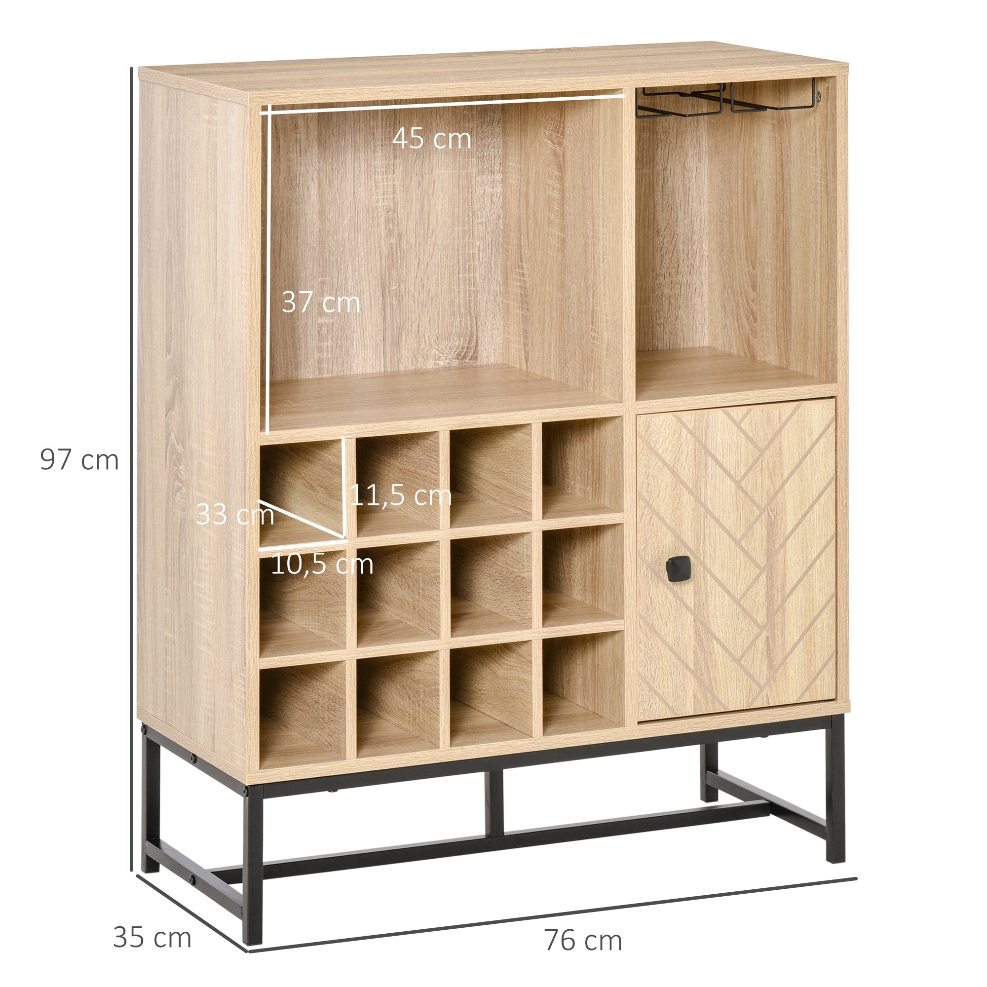 Aparador de Cozinha com Suporte para 12 Garrafas e 6 Taças - Madeira Natural - 76x35x97cm