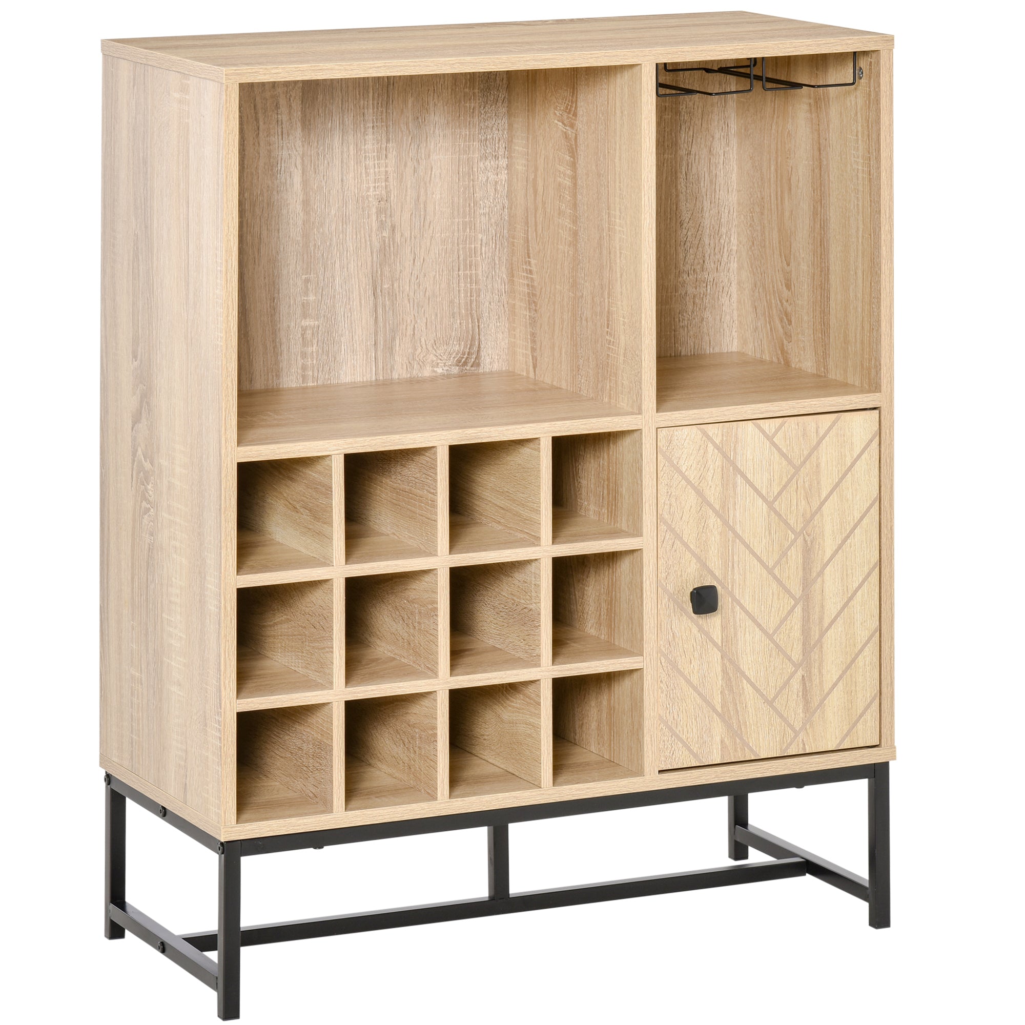 Aparador de Cozinha com Suporte para 12 Garrafas e 6 Taças - Madeira Natural - 76x35x97cm