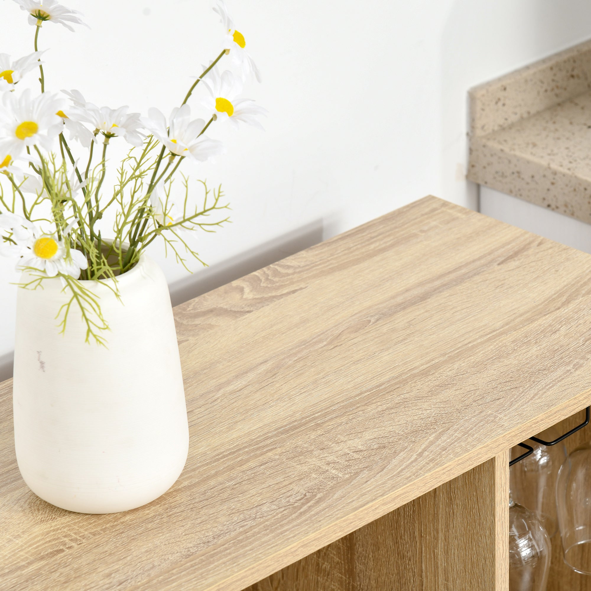 Aparador de Cozinha com Suporte para 12 Garrafas e 6 Taças - Madeira Natural - 76x35x97cm