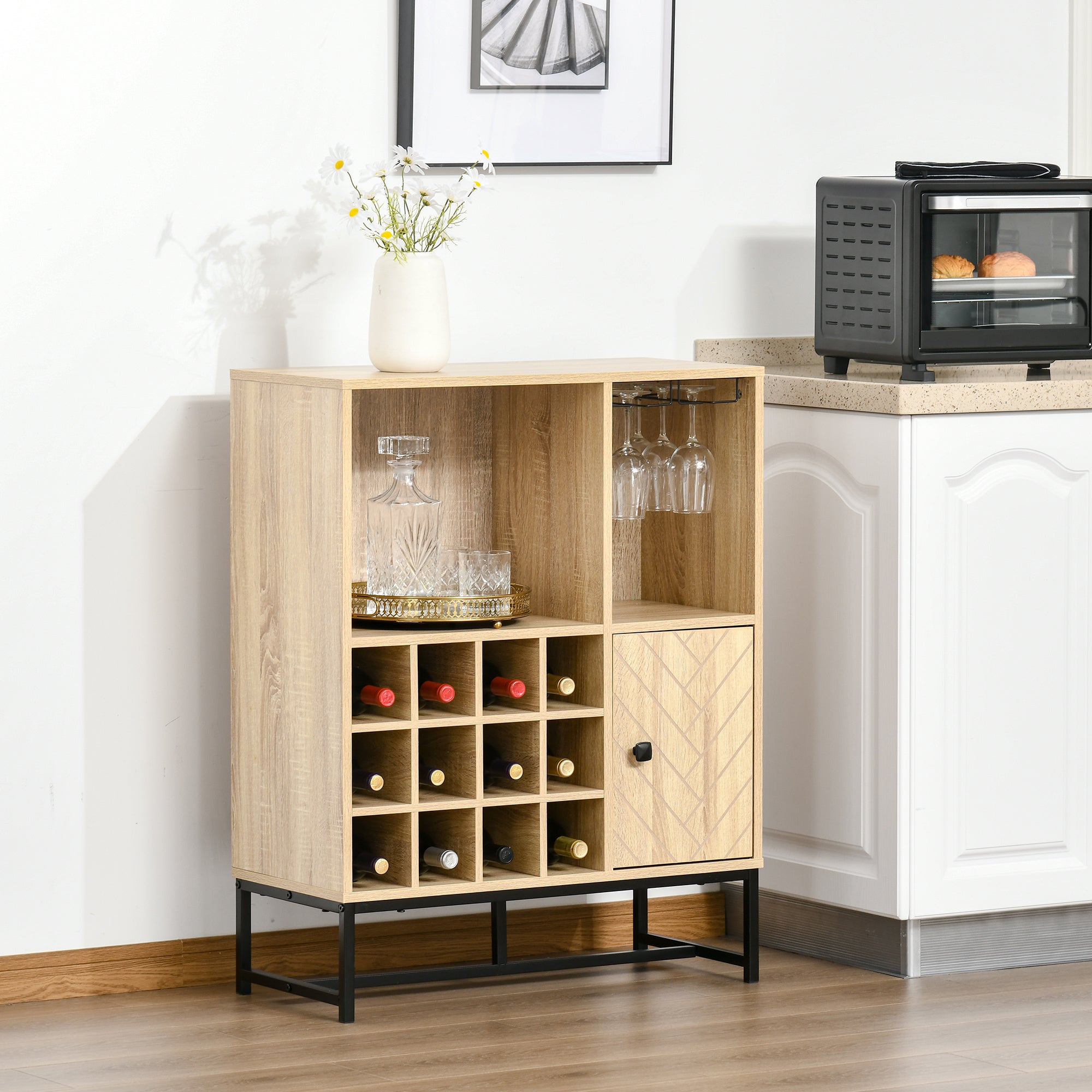 Aparador de Cozinha com Suporte para 12 Garrafas e 6 Taças - Madeira Natural - 76x35x97cm