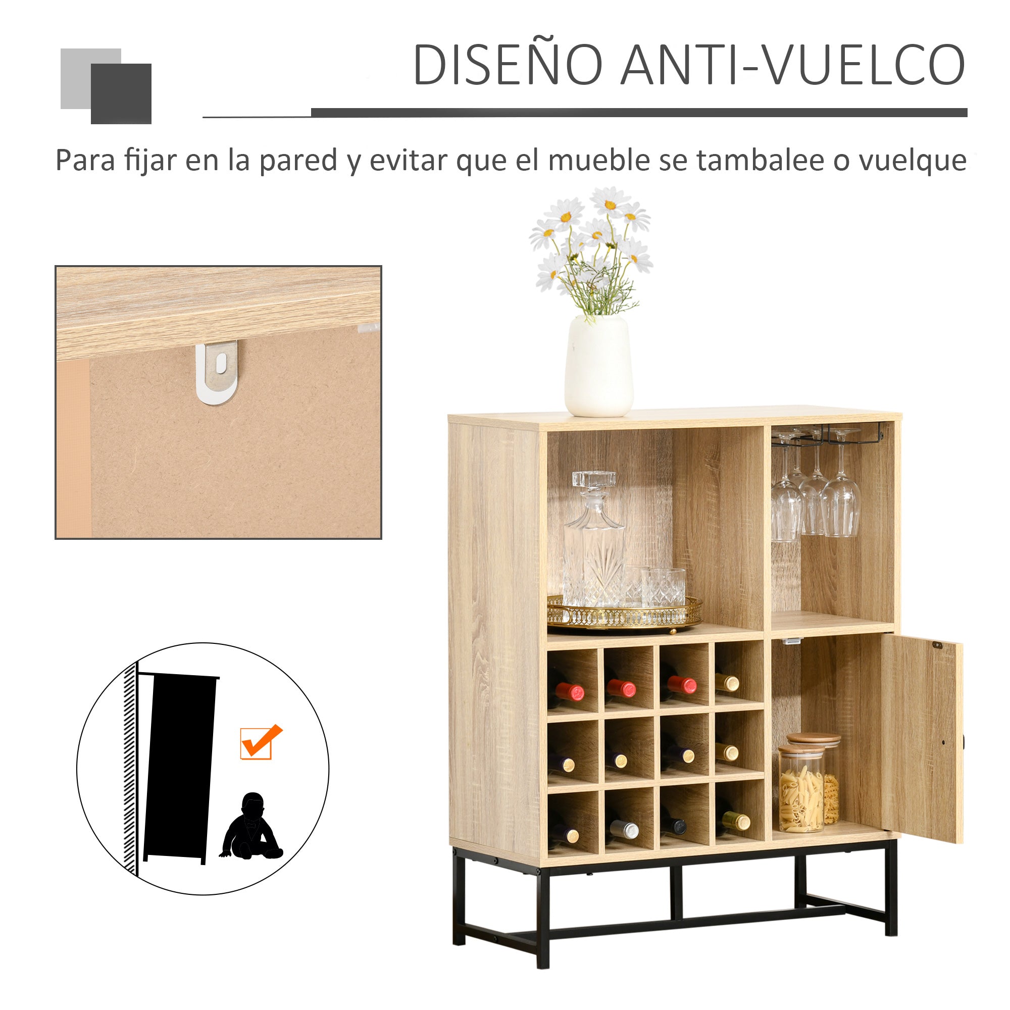 Aparador de Cozinha com Suporte para 12 Garrafas e 6 Taças - Madeira Natural - 76x35x97cm