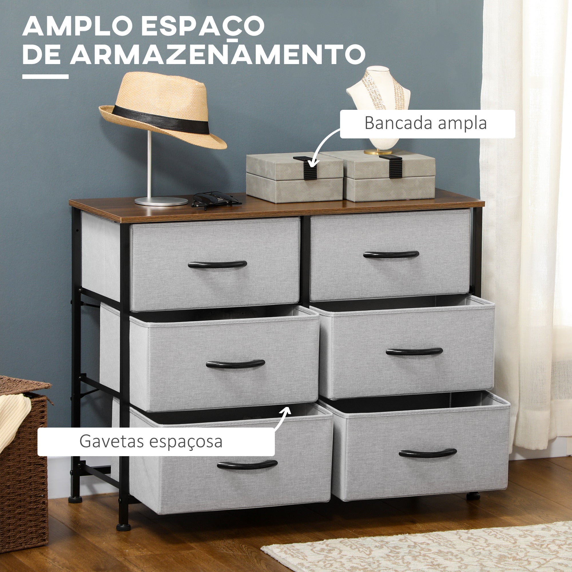 Cómoda Estilo Industrial 6 Gavetas Tecido Dobrável 80x30x62,5 cm Cinza e Marrom