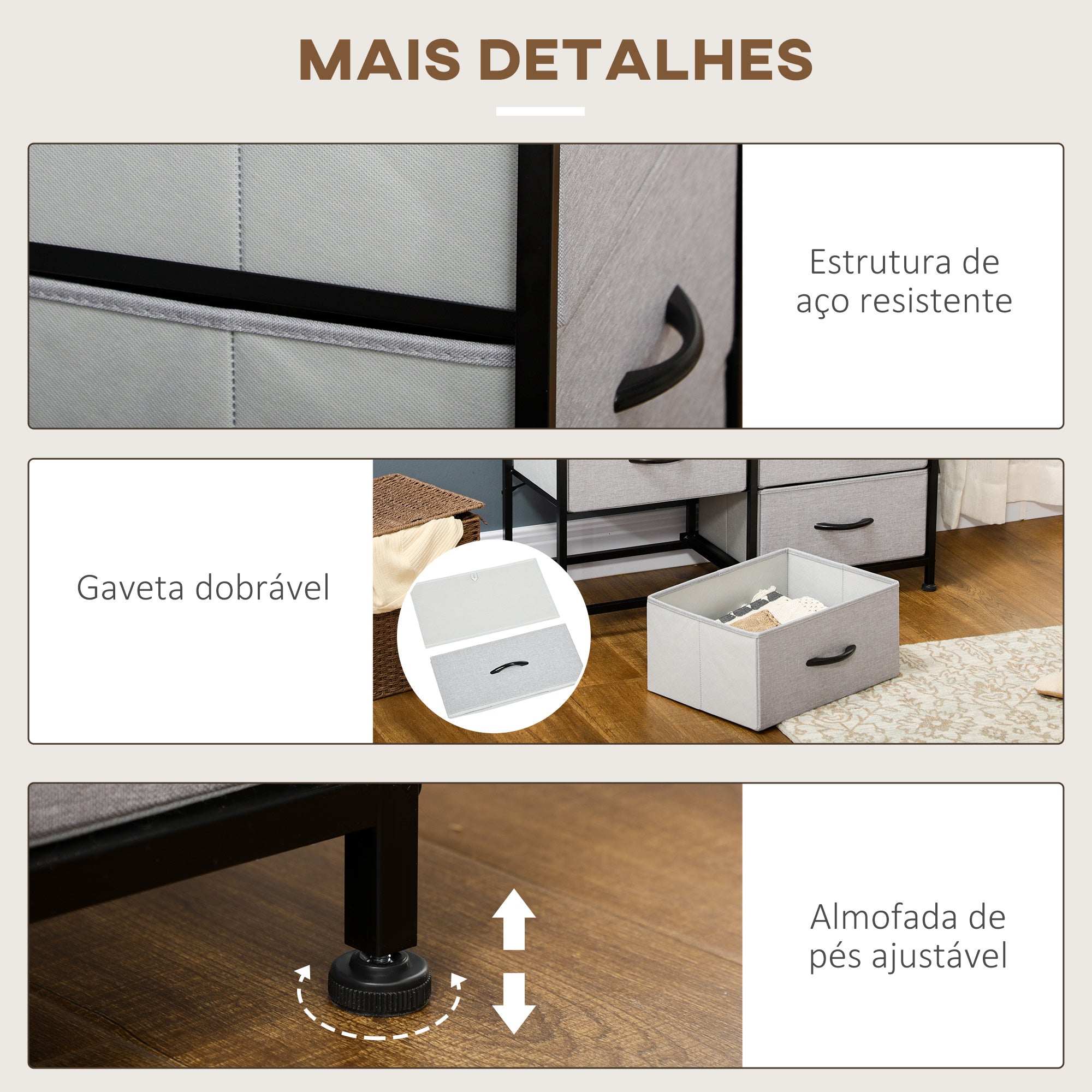 Cómoda Estilo Industrial 6 Gavetas Tecido Dobrável 80x30x62,5 cm Cinza e Marrom