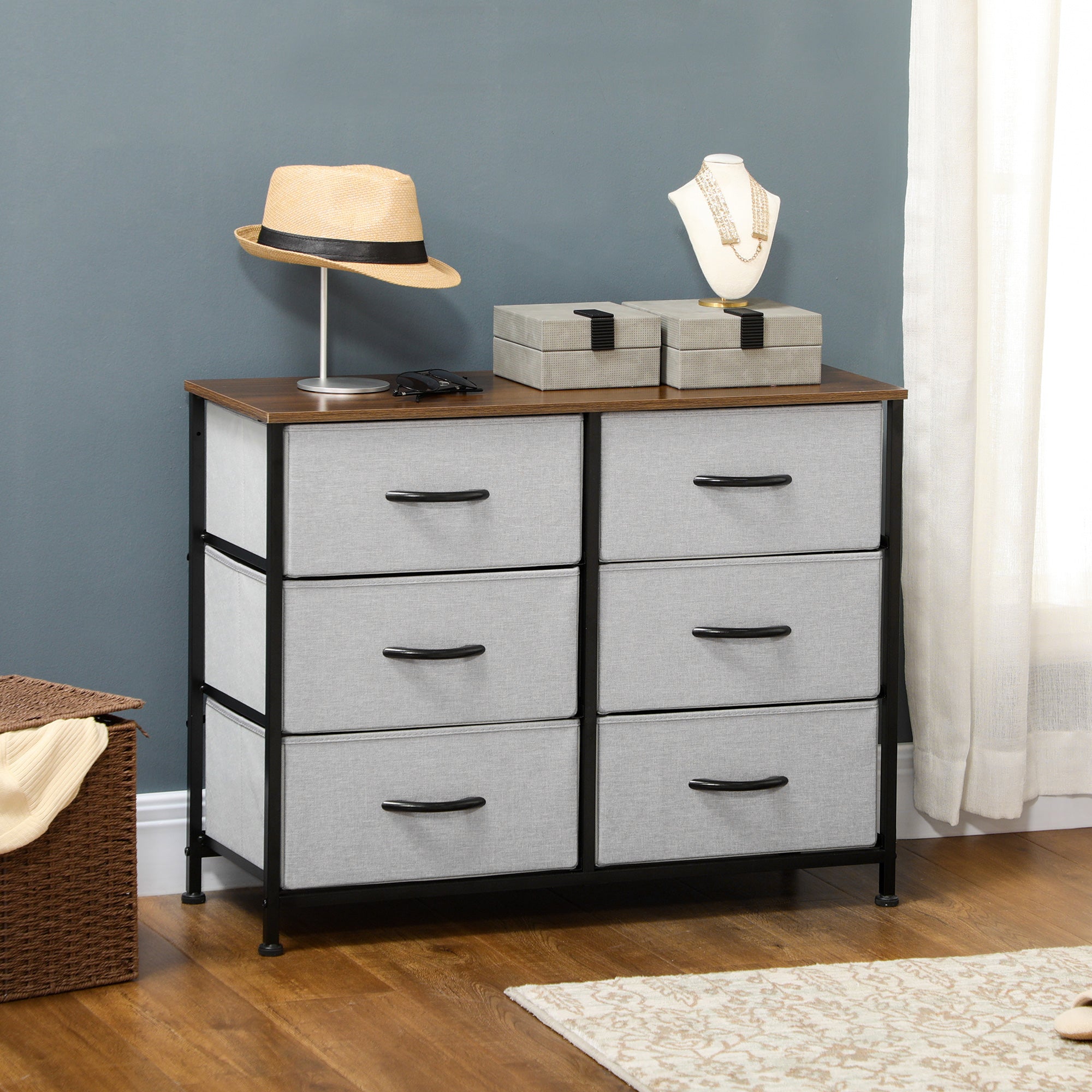 Cómoda Estilo Industrial 6 Gavetas Tecido Dobrável 80x30x62,5 cm Cinza e Marrom