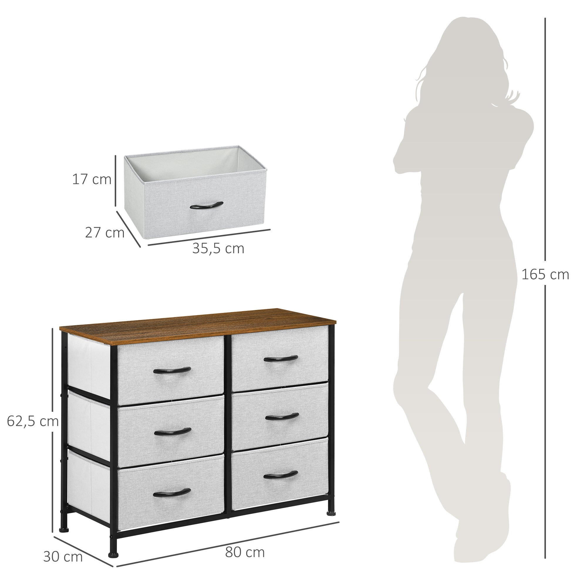 Cómoda Estilo Industrial 6 Gavetas Tecido Dobrável 80x30x62,5 cm Cinza e Marrom
