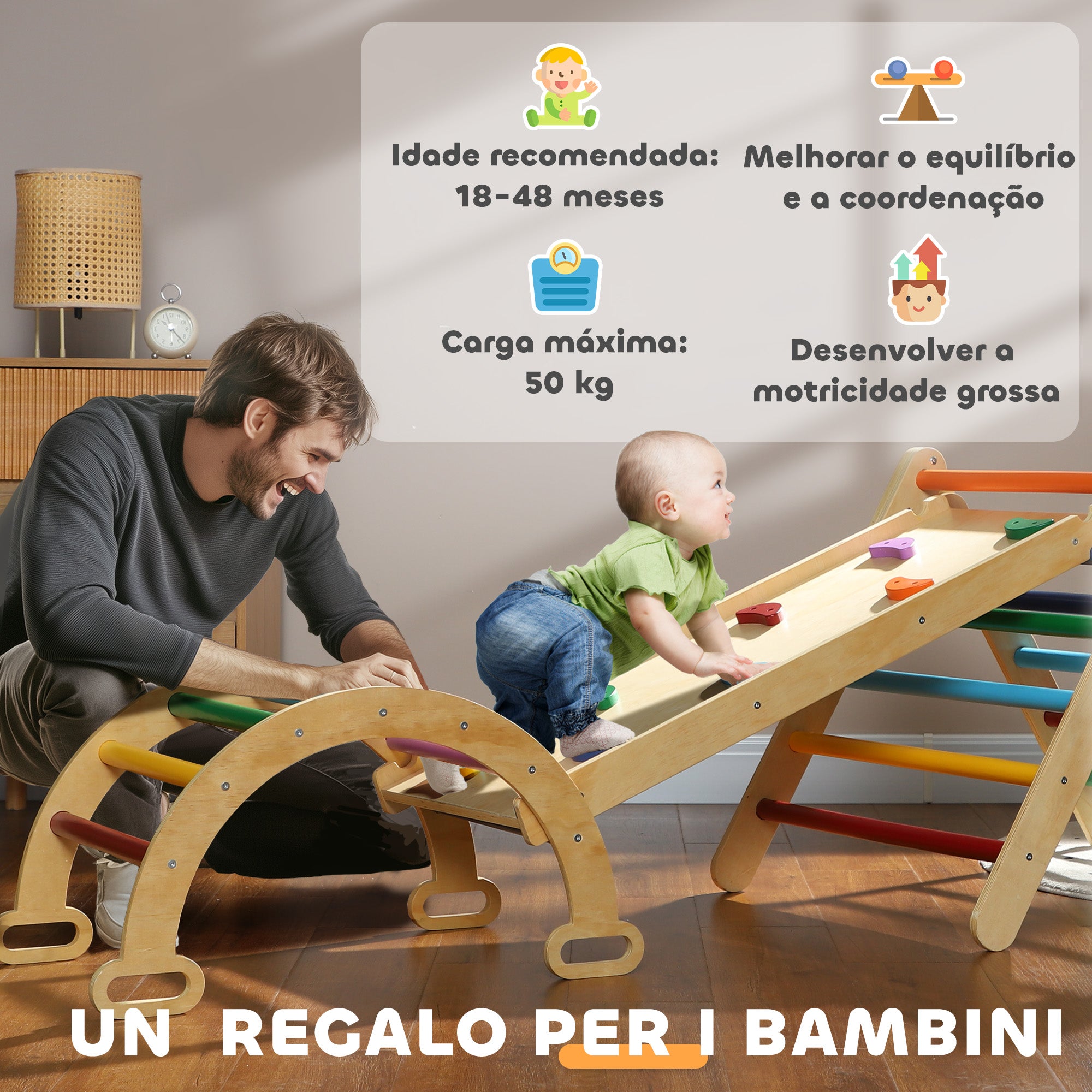 Triângulo de Escalada de Madeira Multicor 178x64,5x63 cm para Crianças de 18-48 Meses