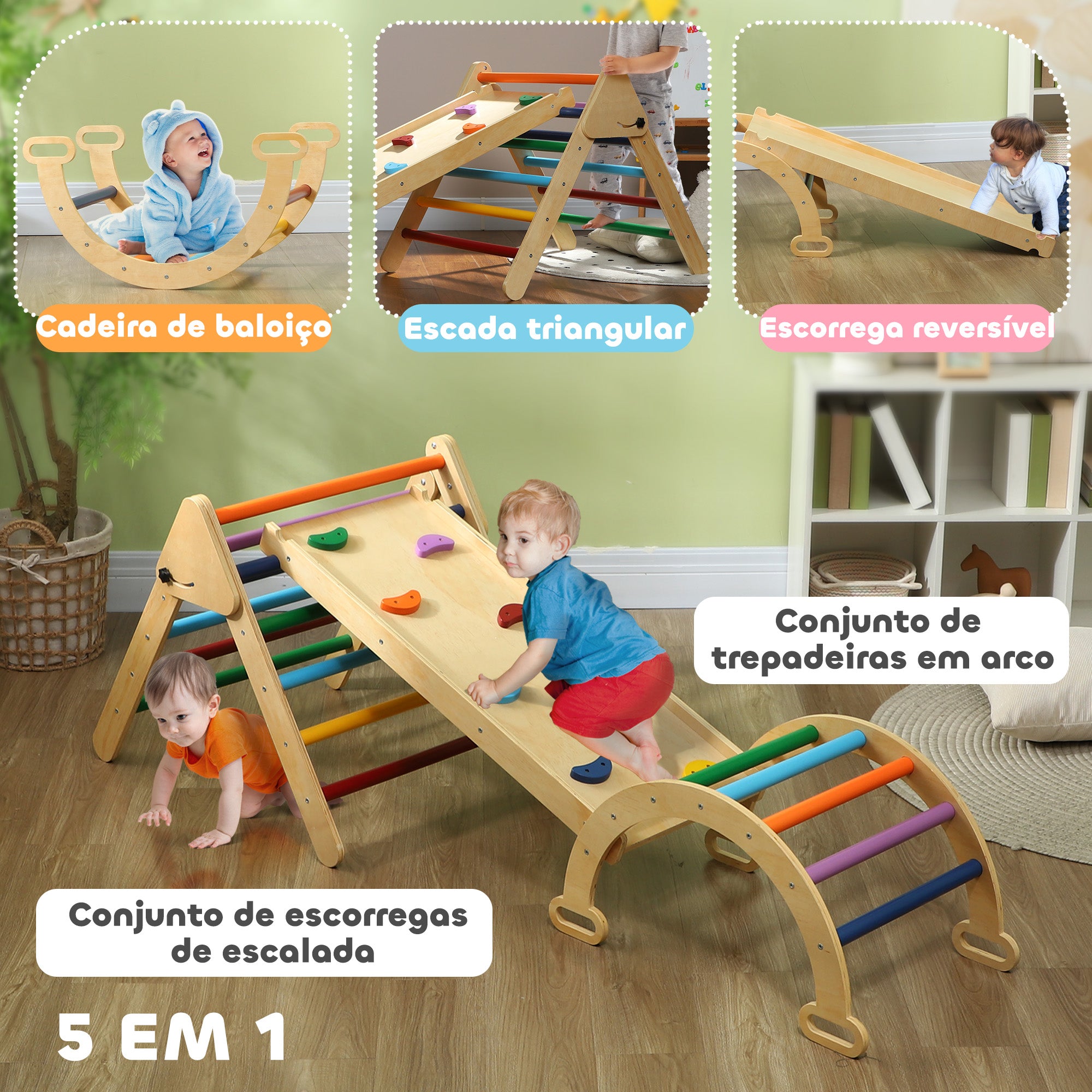 Triângulo de Escalada de Madeira Multicor 178x64,5x63 cm para Crianças de 18-48 Meses