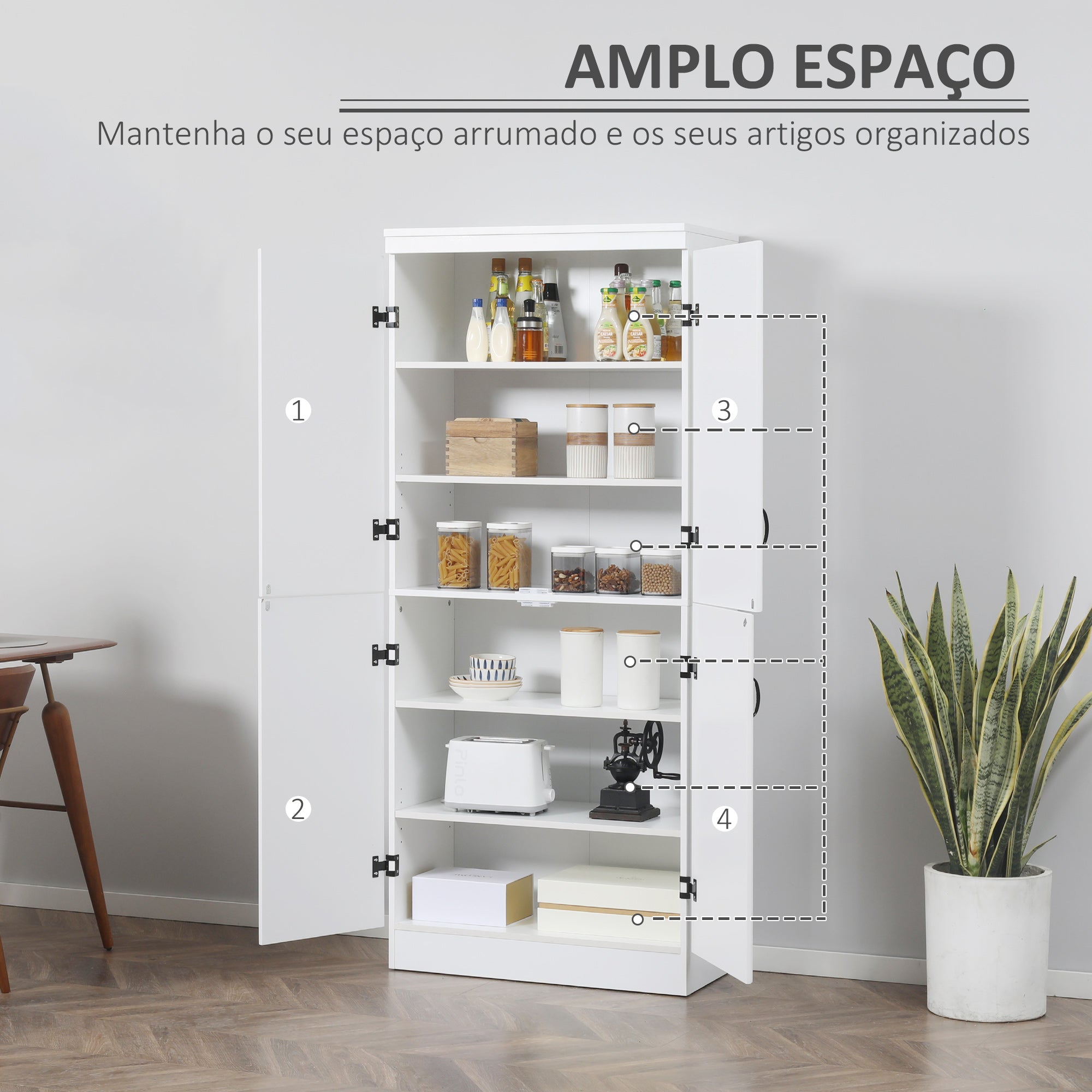 Armário de Cozinha Móvel Branco 76x40x176,7cm com 4 Portas e 6 Prateleiras de Armazenamento