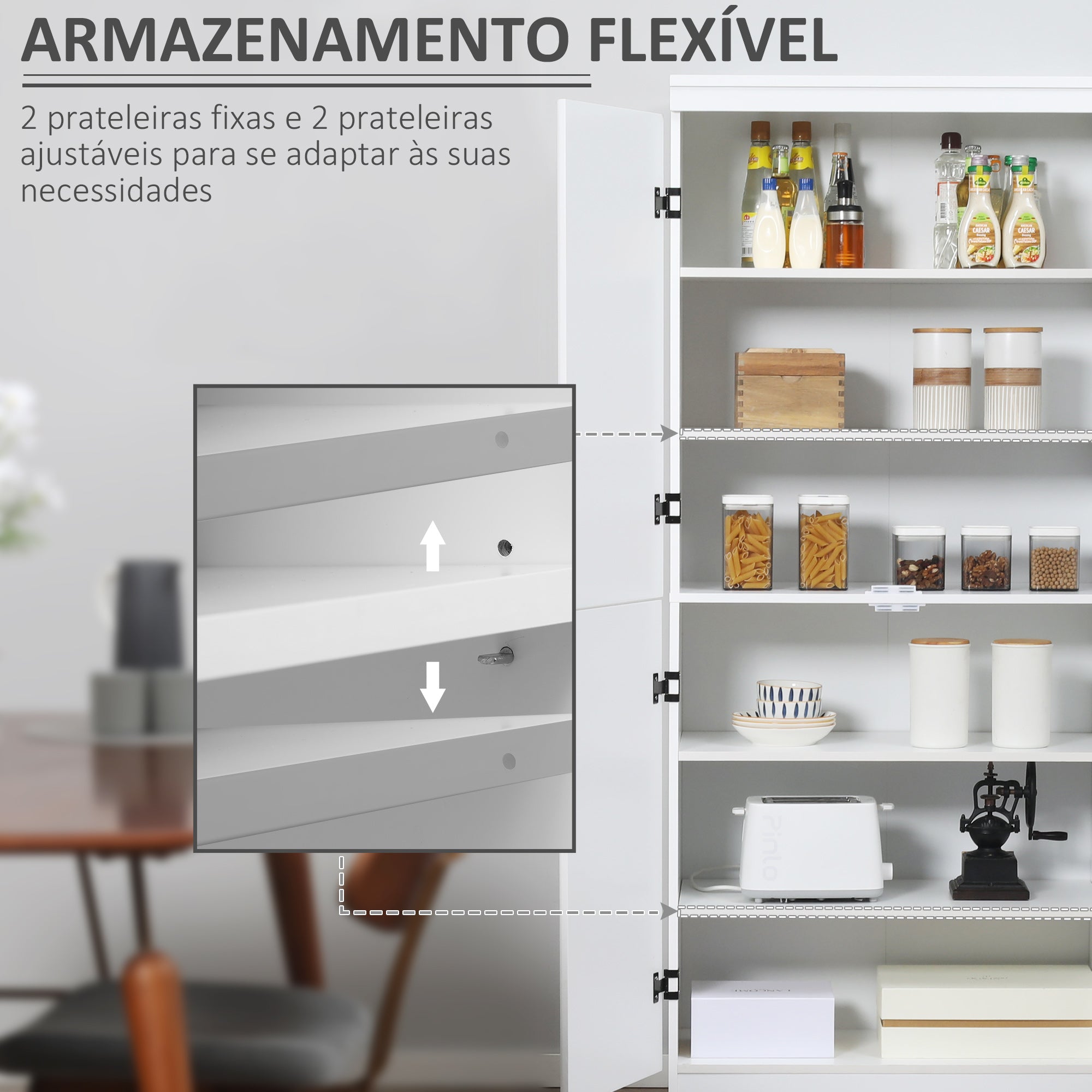 Armário de Cozinha Móvel Branco 76x40x176,7cm com 4 Portas e 6 Prateleiras de Armazenamento