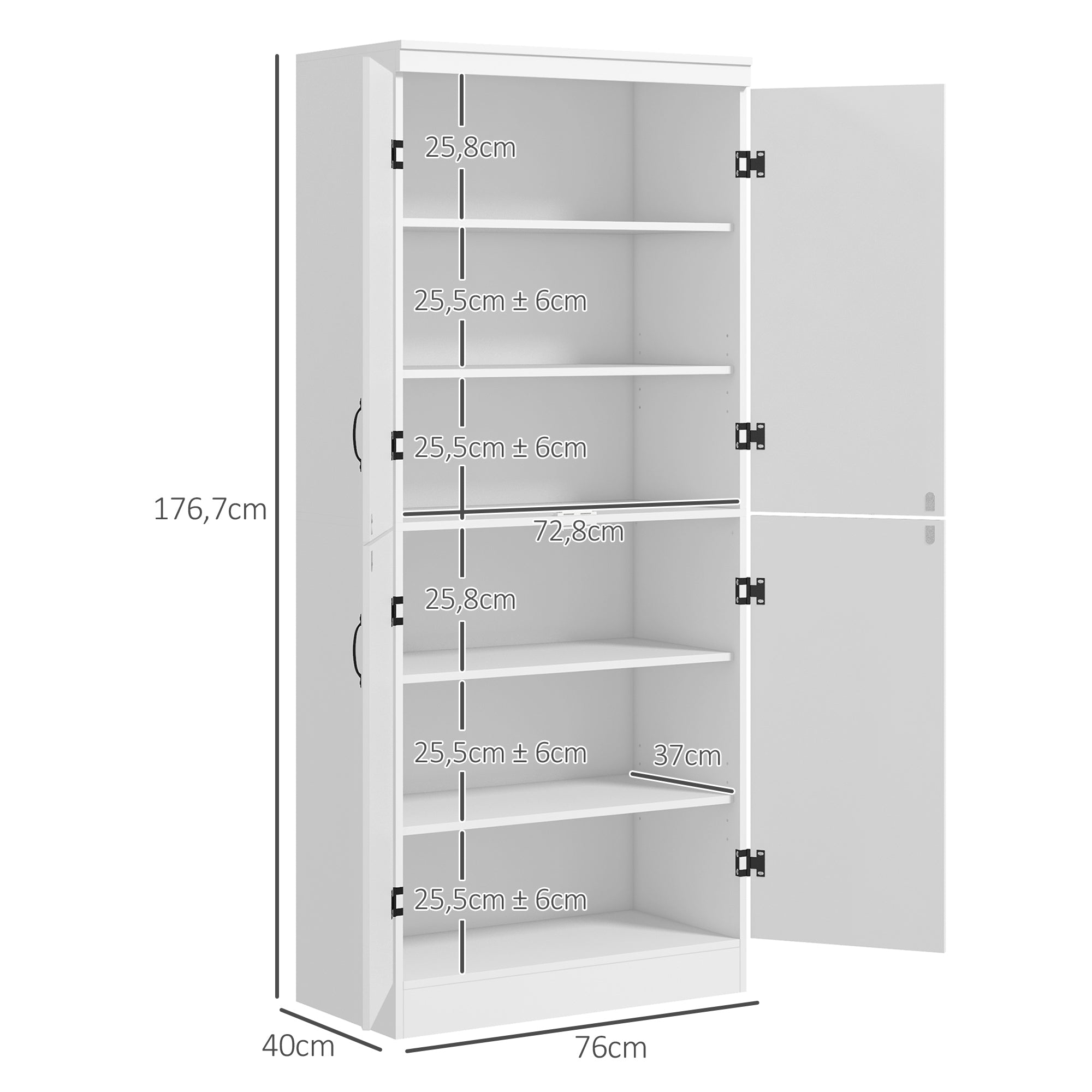 Armário de Cozinha Móvel Branco 76x40x176,7cm com 4 Portas e 6 Prateleiras de Armazenamento