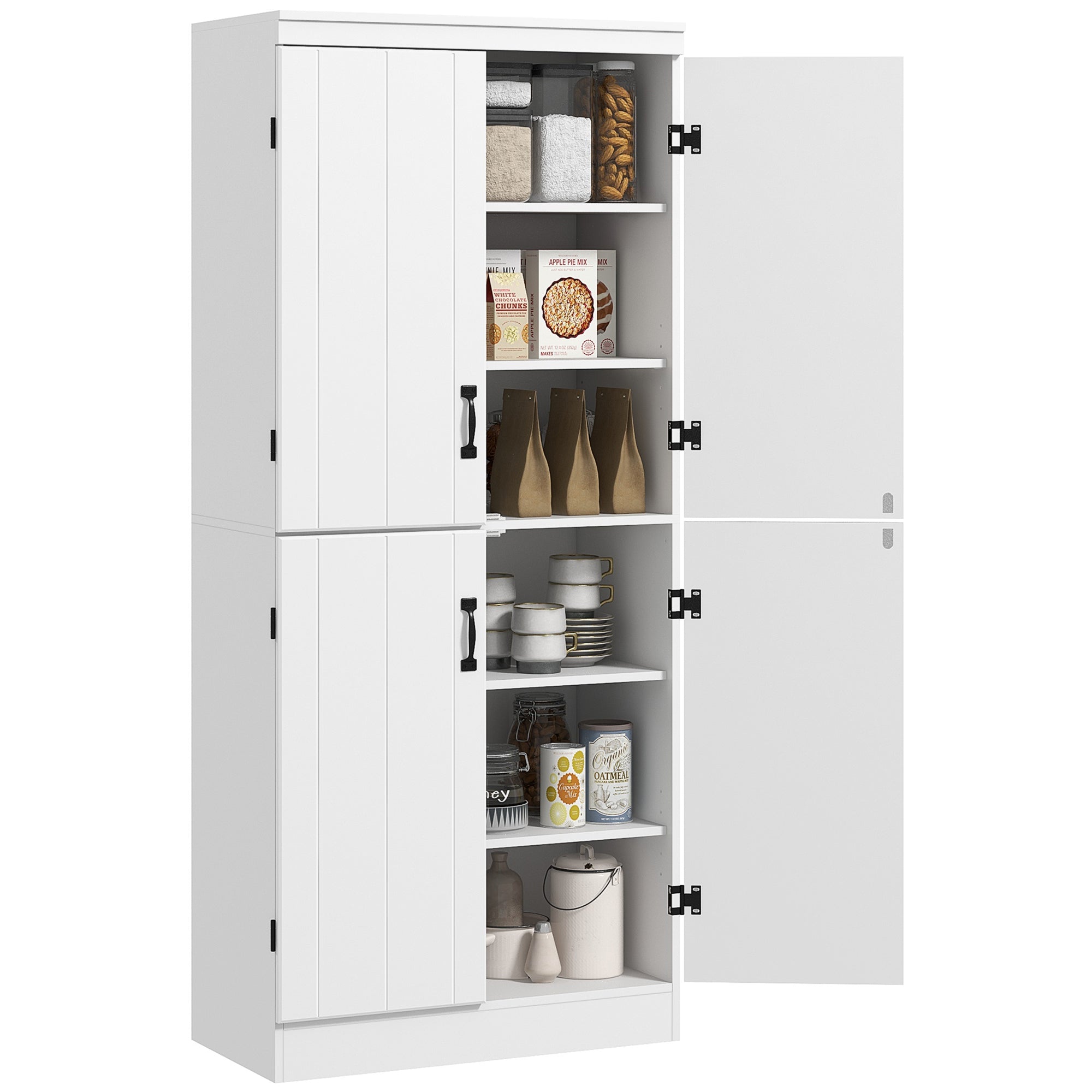 Armário de Cozinha Móvel Branco 76x40x176,7cm com 4 Portas e 6 Prateleiras de Armazenamento