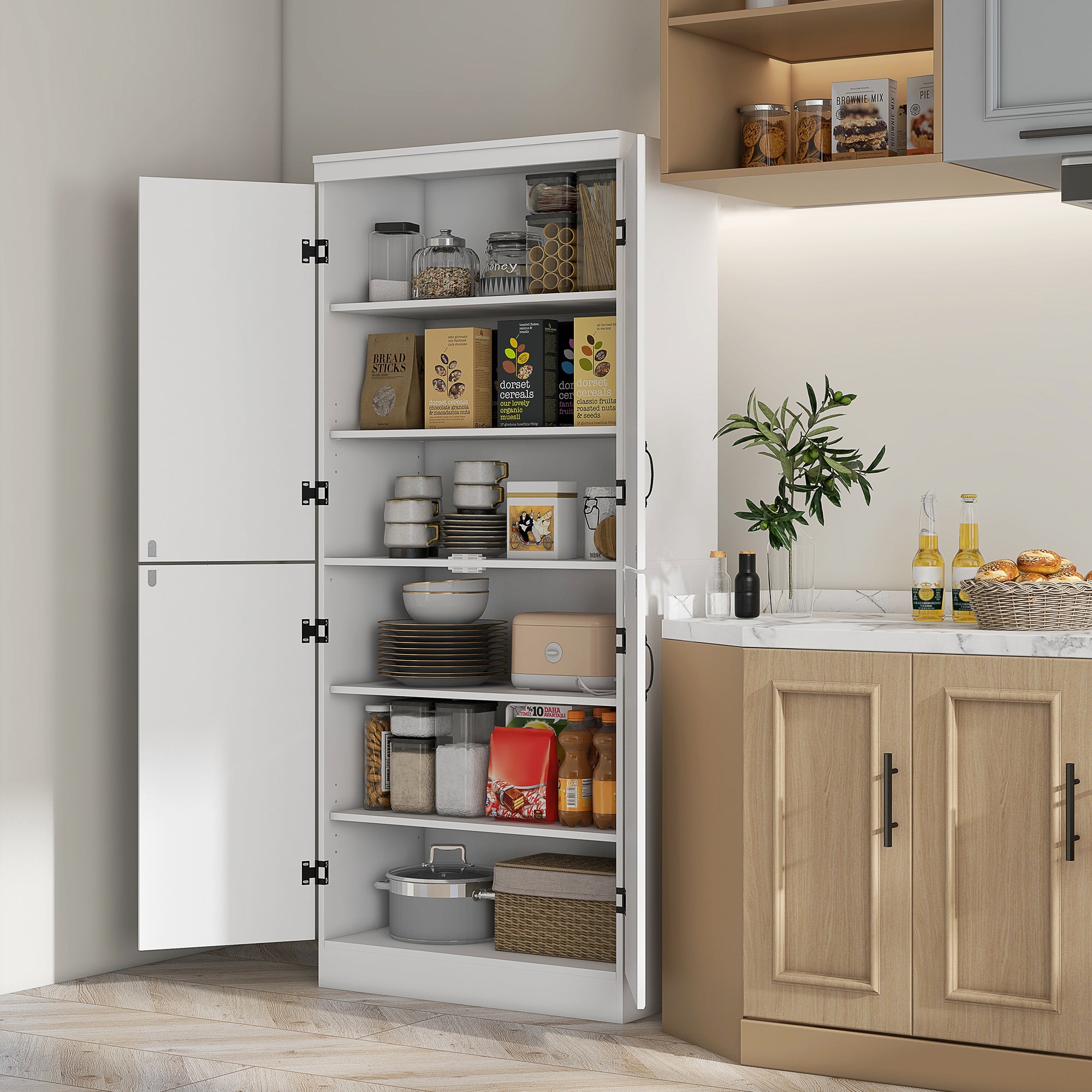 Armário de Cozinha Móvel Branco 76x40x176,7cm com 4 Portas e 6 Prateleiras de Armazenamento