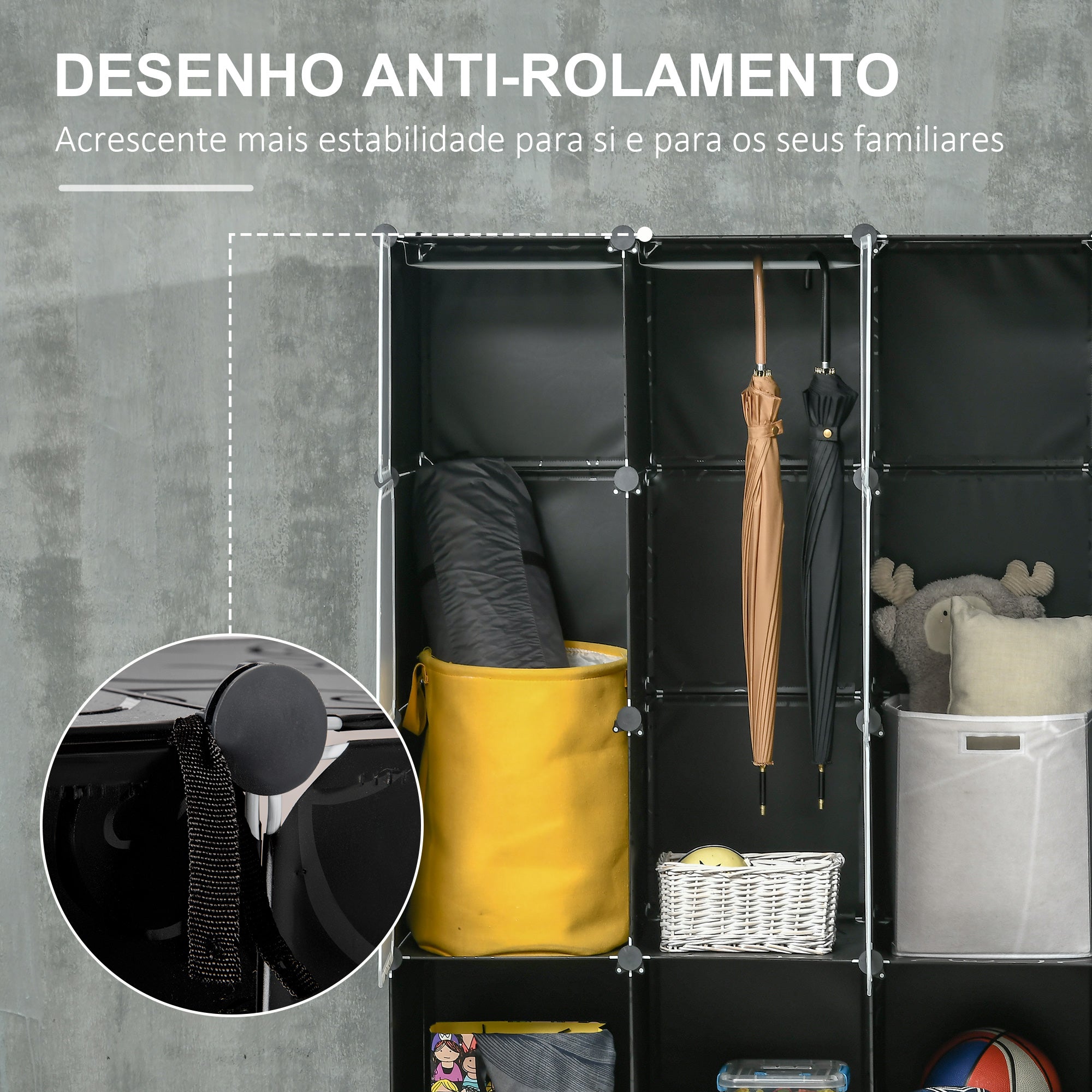 Armário Modular de Plástico com 16 Cubos 145x46x162cm - Preto e Branco