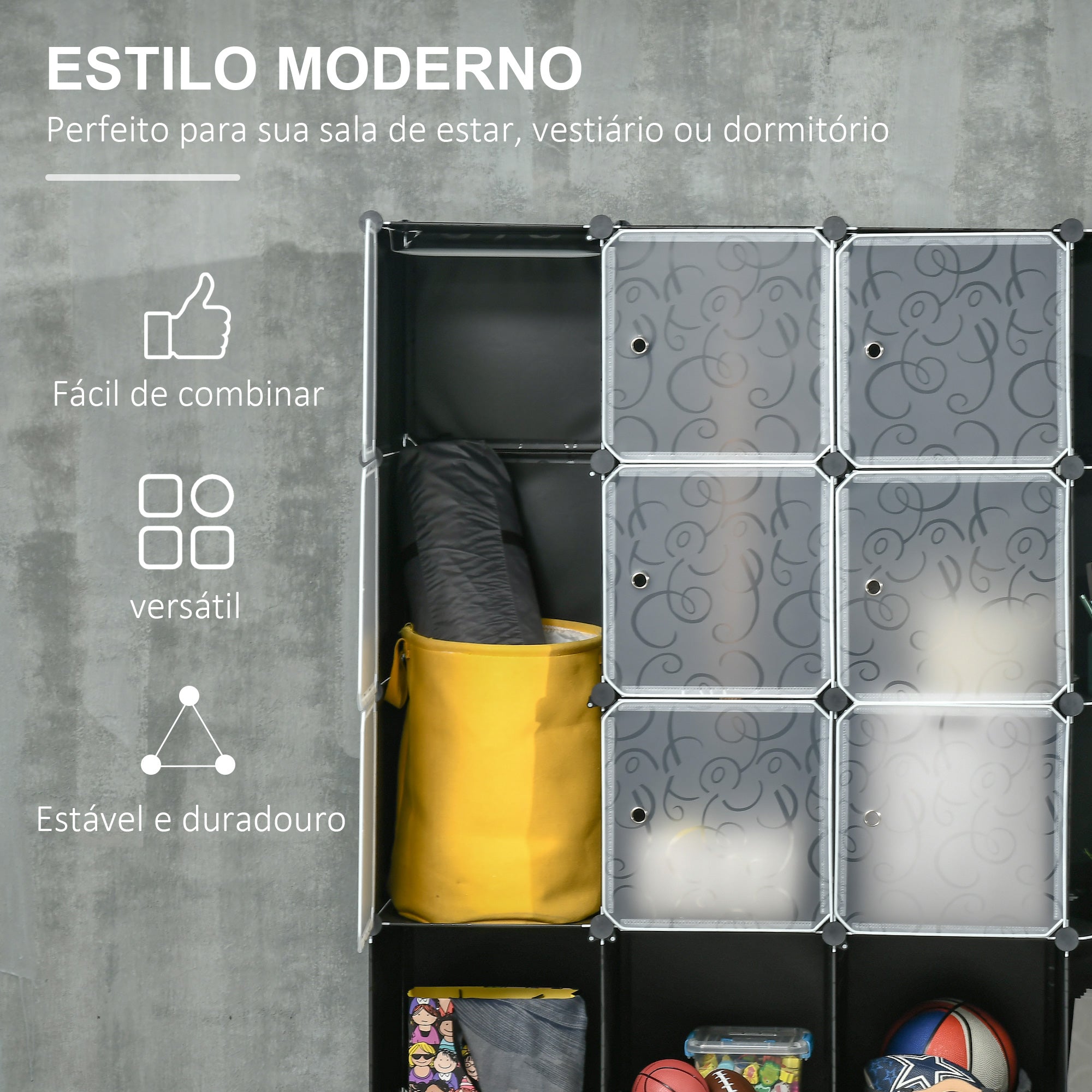 Armário Modular de Plástico com 16 Cubos 145x46x162cm - Preto e Branco