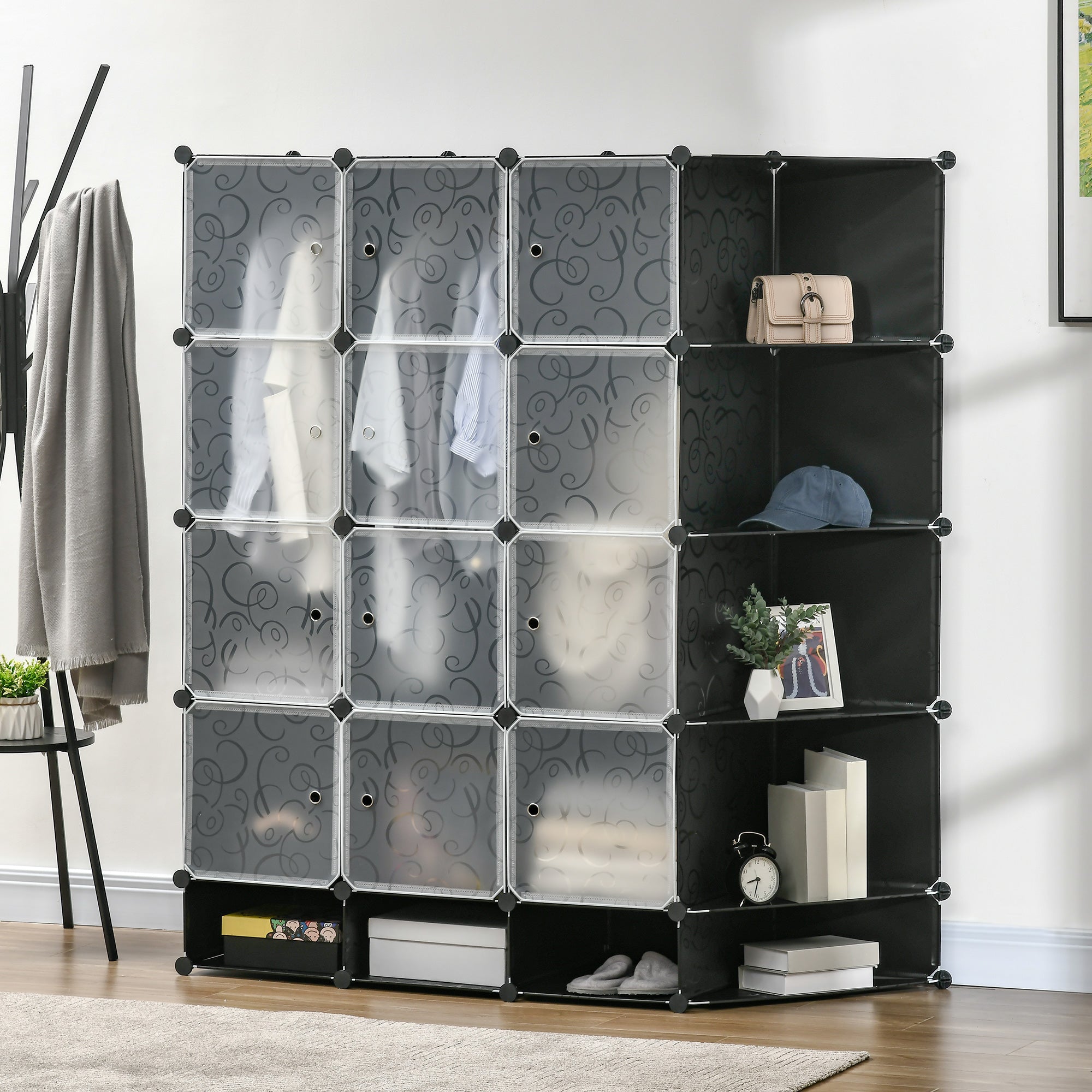 Armário Modular de Plástico com 16 Cubos 145x46x162cm - Preto e Branco