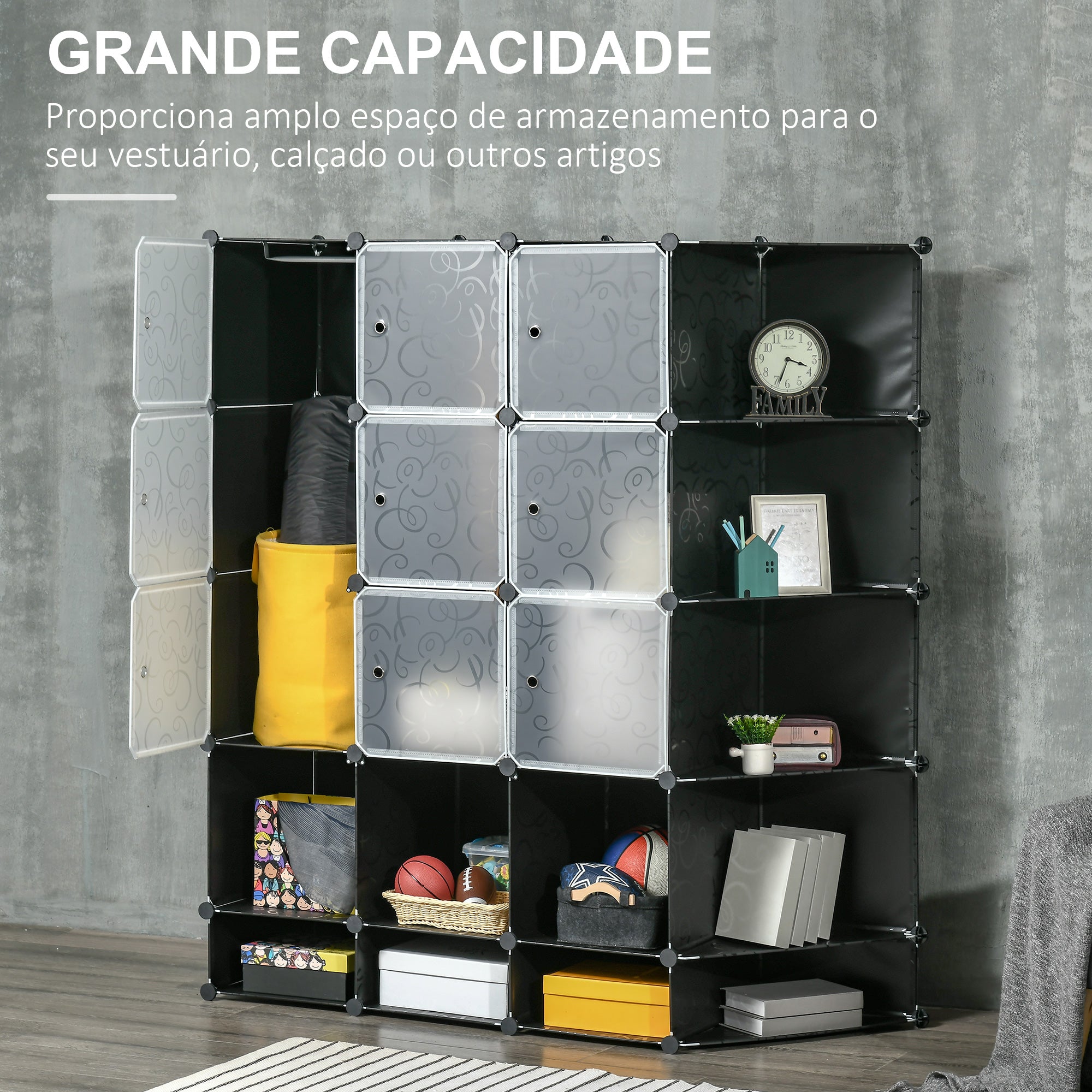 Armário Modular de Plástico com 16 Cubos 145x46x162cm - Preto e Branco