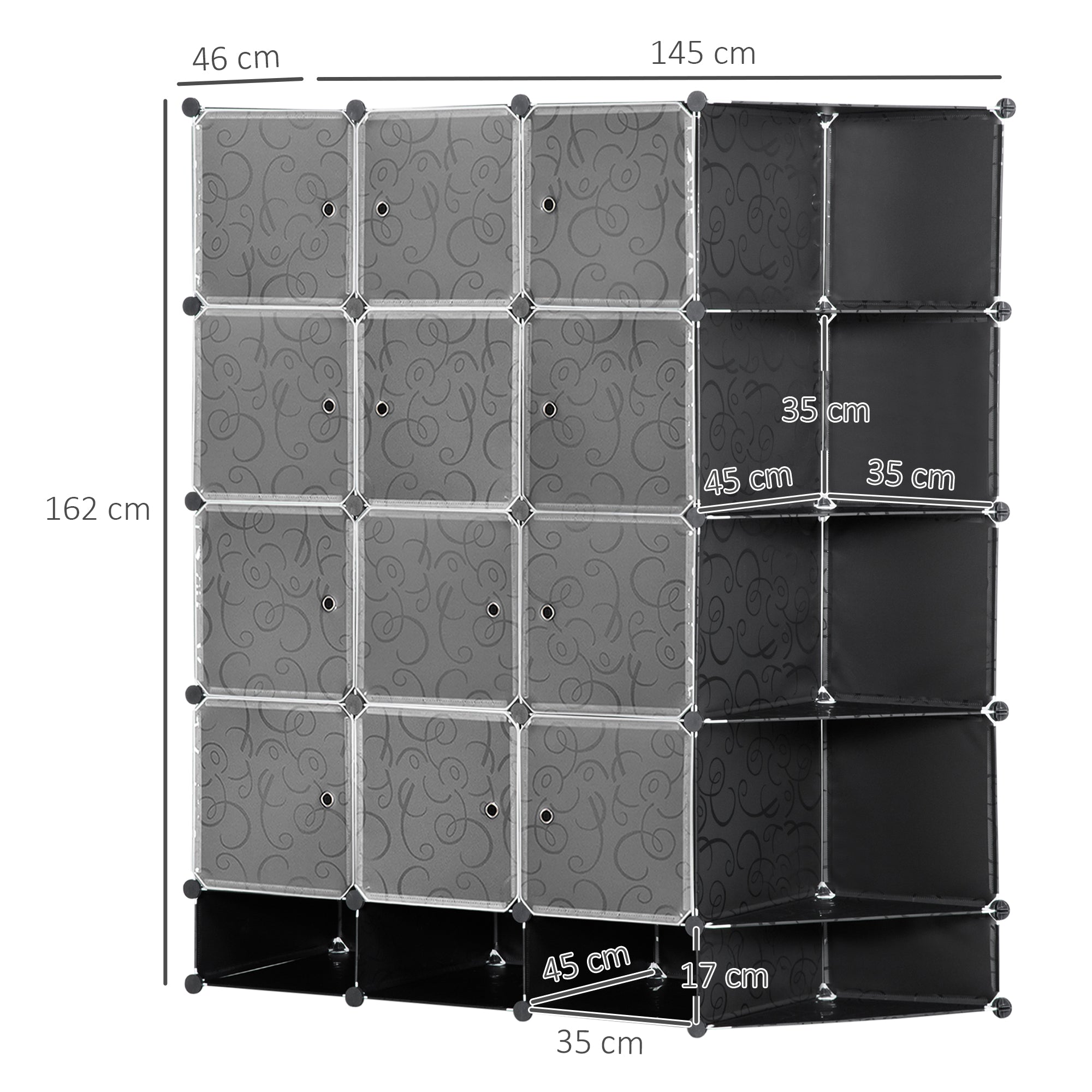 Armário Modular de Plástico com 16 Cubos 145x46x162cm - Preto e Branco