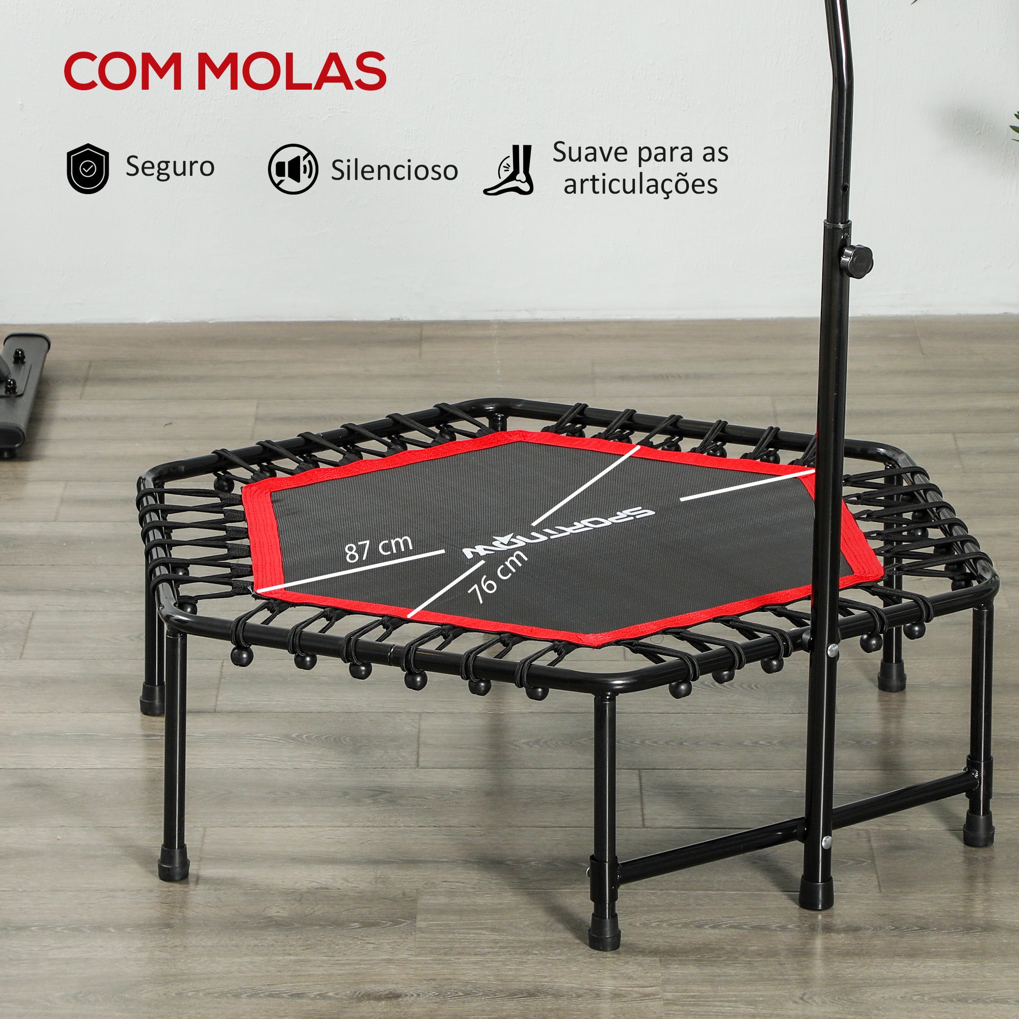 Trampolim Fitness Vermelho 114x114x132 cm com Guiador Ajustável em 3 Níveis