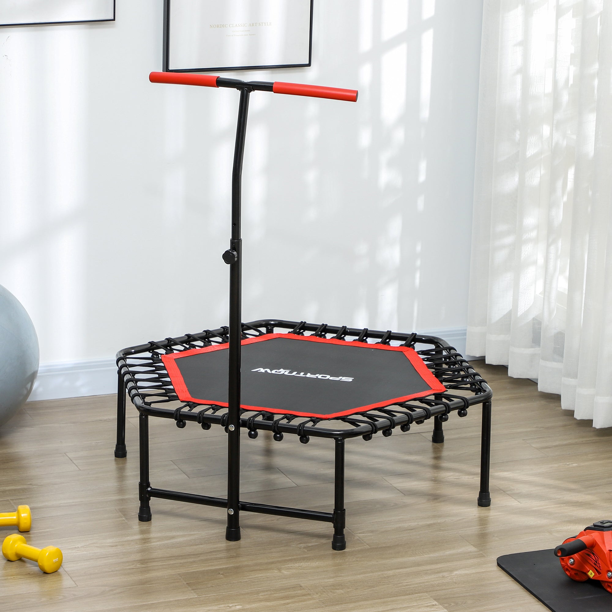 Trampolim Fitness Vermelho 114x114x132 cm com Guiador Ajustável em 3 Níveis