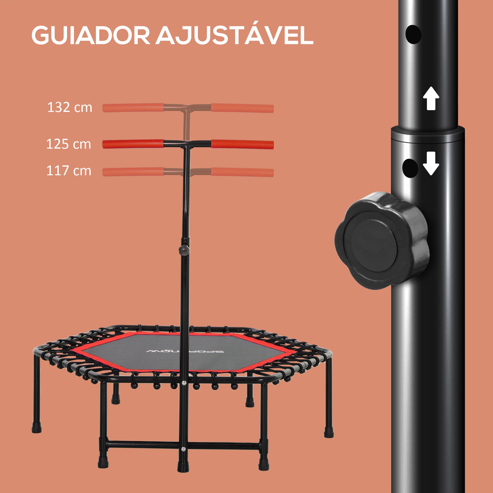 Trampolim Fitness Vermelho 114x114x132 cm com Guiador Ajustável em 3 Níveis