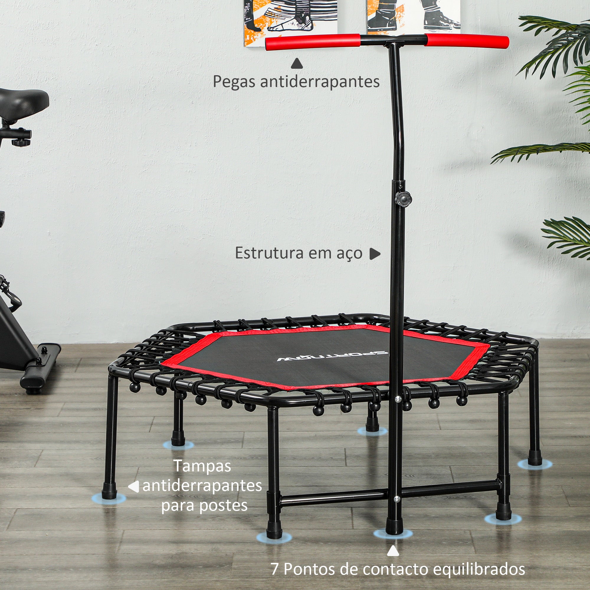 Trampolim Fitness Vermelho 114x114x132 cm com Guiador Ajustável em 3 Níveis