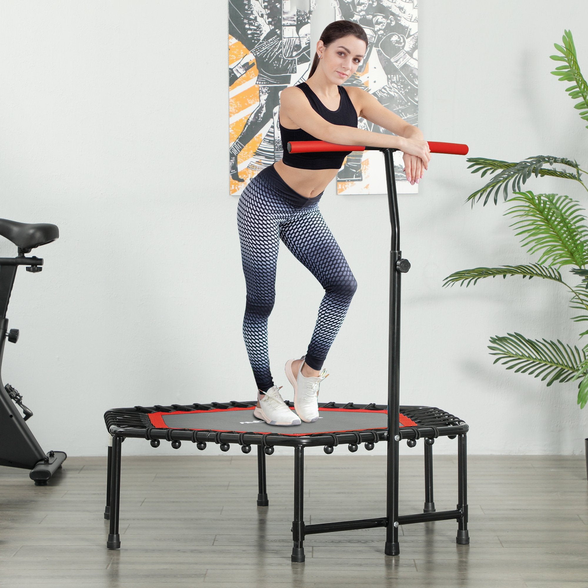 Trampolim Fitness Vermelho 114x114x132 cm com Guiador Ajustável em 3 Níveis