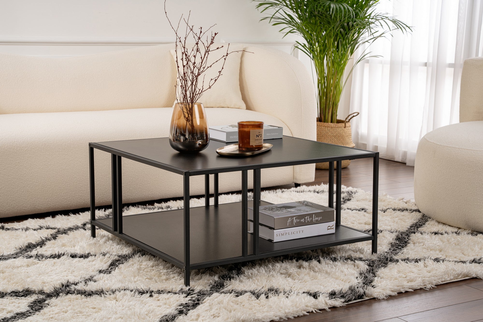 Mesa de Centro Preta Elegante, 80 x 80 x 40 cm | Aglomerado 100% Melamina, 18 mm de Espessura | Pernas de Metal Resistente, Design Moderno para Sala de Estar