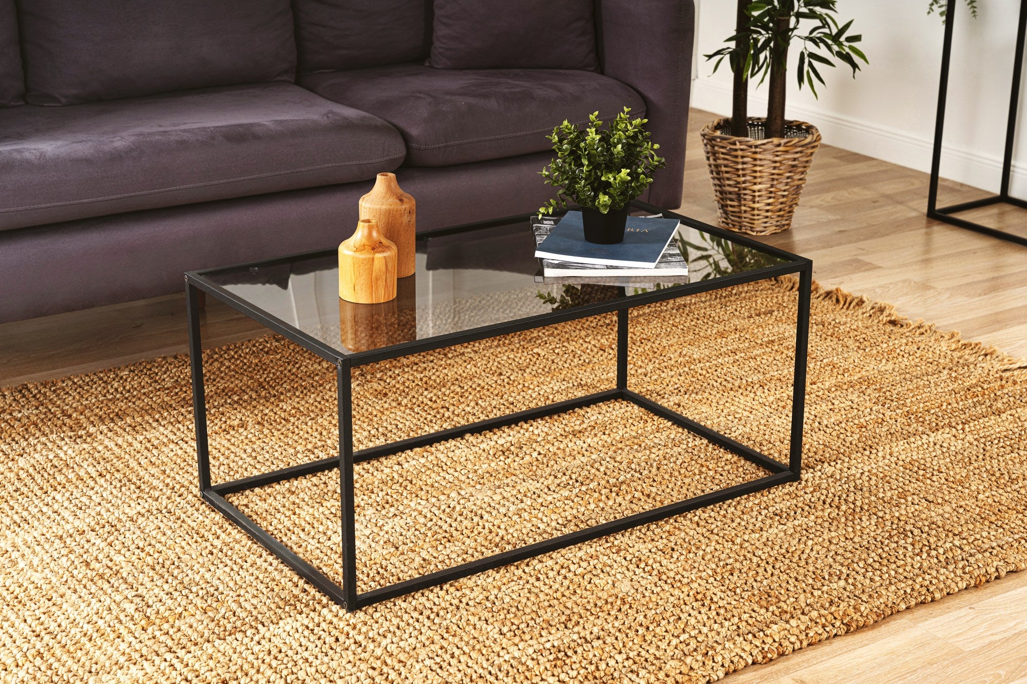 Mesa de Centro Preta Elegante com Tampo de Vidro Fumê, 90 x 50 x 40 cm | Vidro Durável de 4 mm e Pernas de Metal Resistente (15 mm) | Perfeita para Espaços Modernos