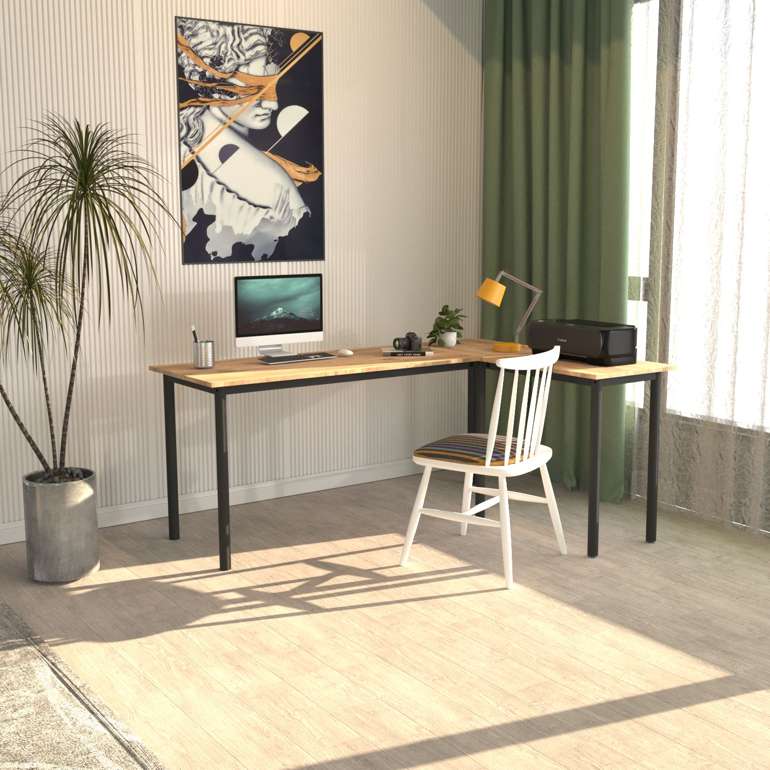Secretária de Estudo – 150cm x 74,8cm x 120cm – Preto e Pinheiro Atlântico – Aglomerado