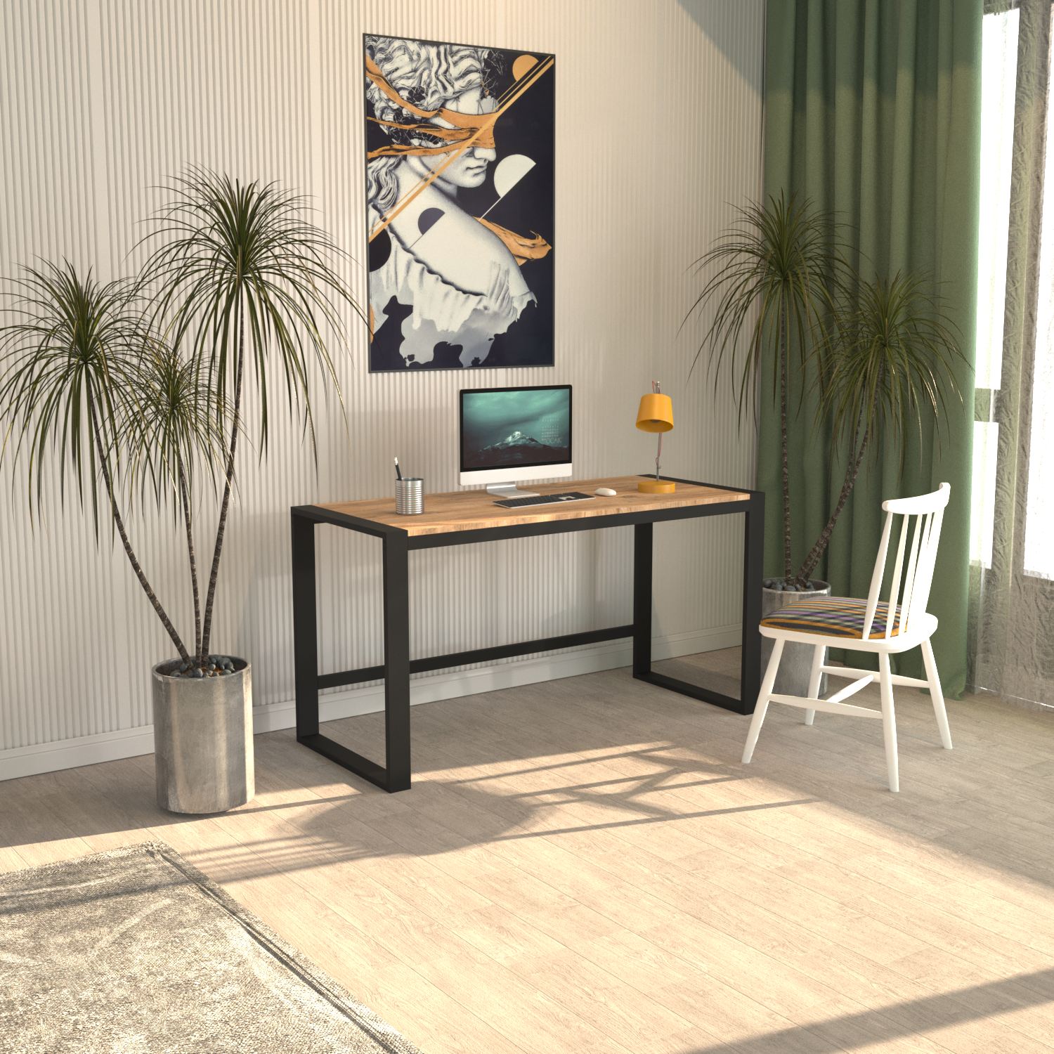 Secretária de Estudo/Escritório – 122cm x 77cm x 55cm – Pinheiro Atlântico e Preto – Aglomerado e Metal