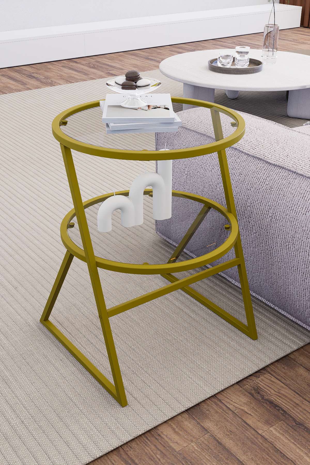 Mesa Lateral Dourada com Tampo de Vidro Temperado - Design Moderno em Metal e Vidro Cristalino 42x55x42cm