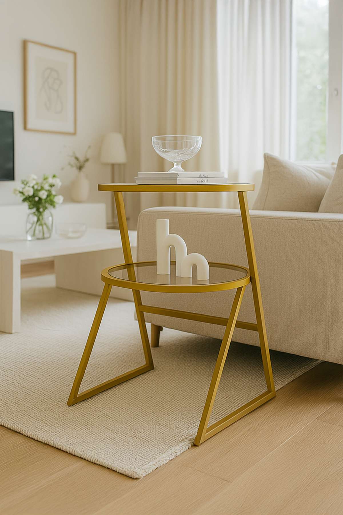 Mesa Lateral Dourada com Tampo de Vidro Temperado - Design Moderno em Metal e Vidro Cristalino 42x55x42cm