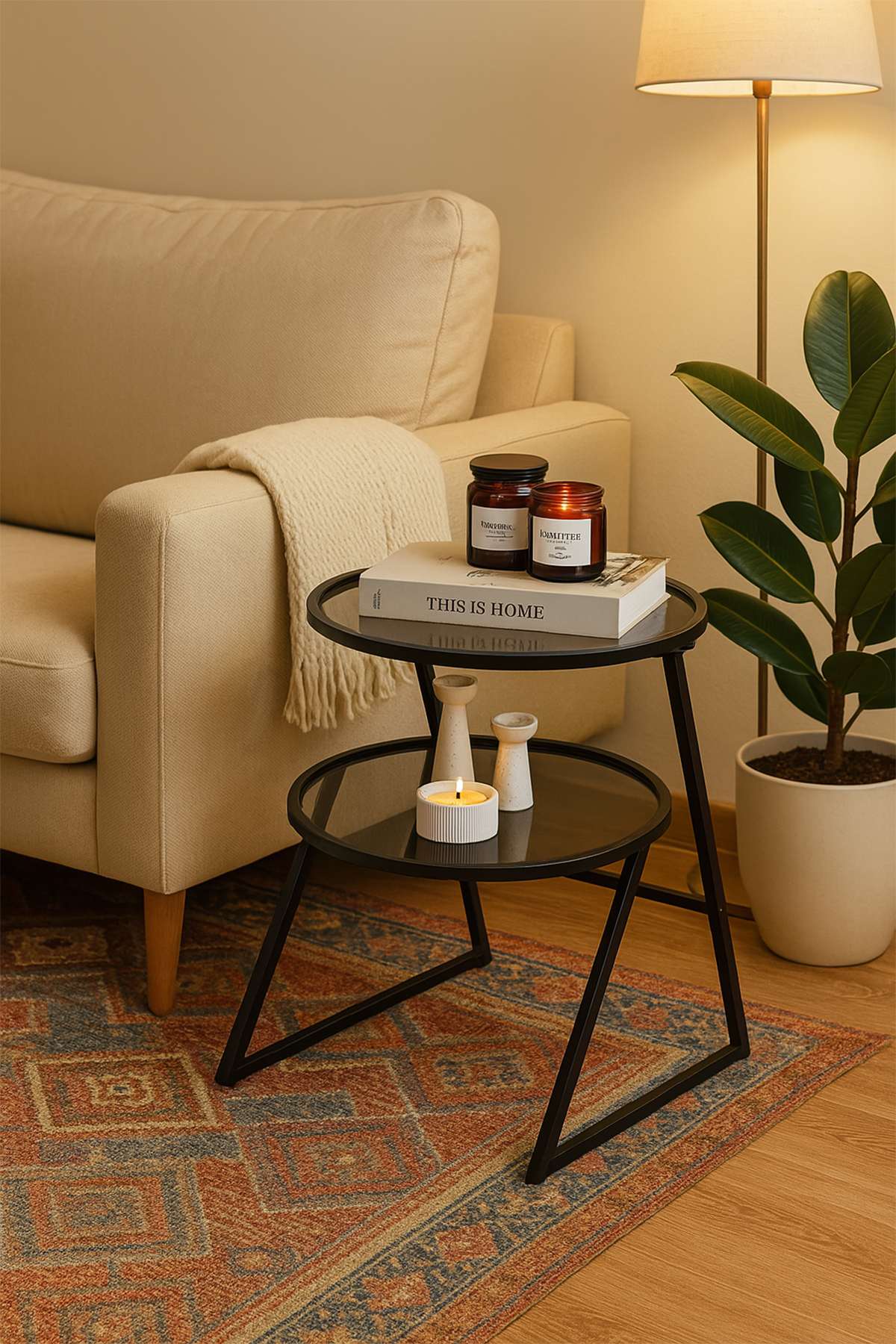 Mesa Lateral Preta em Vidro Temperado e Metal - 42x55x42cm - Design Moderno e Elegante