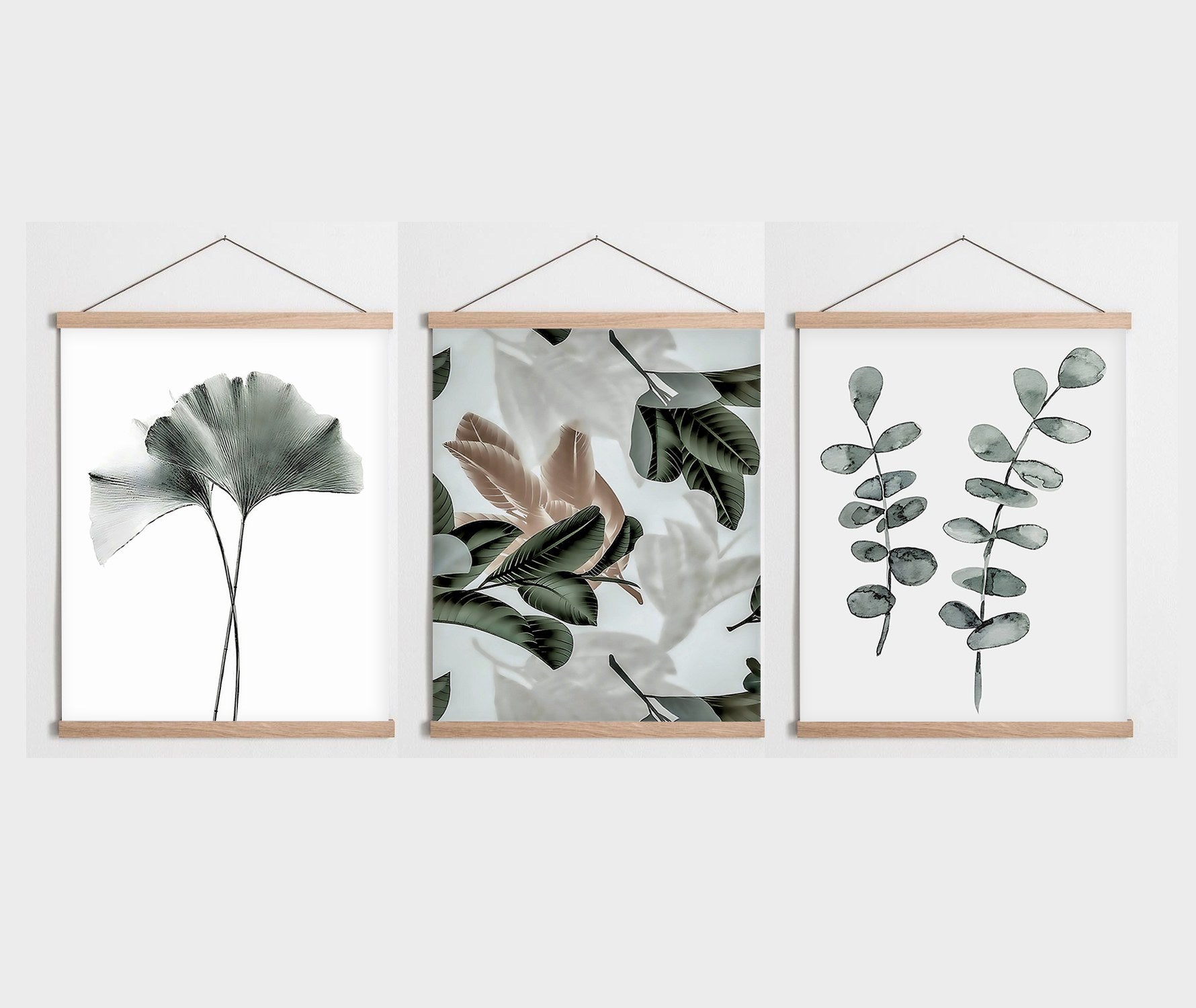 Conjunto de 3 Quadros Decorativos Multicolor com Moldura de Madeira - 40x60cm - Tela Mista Poliéster/Algodão