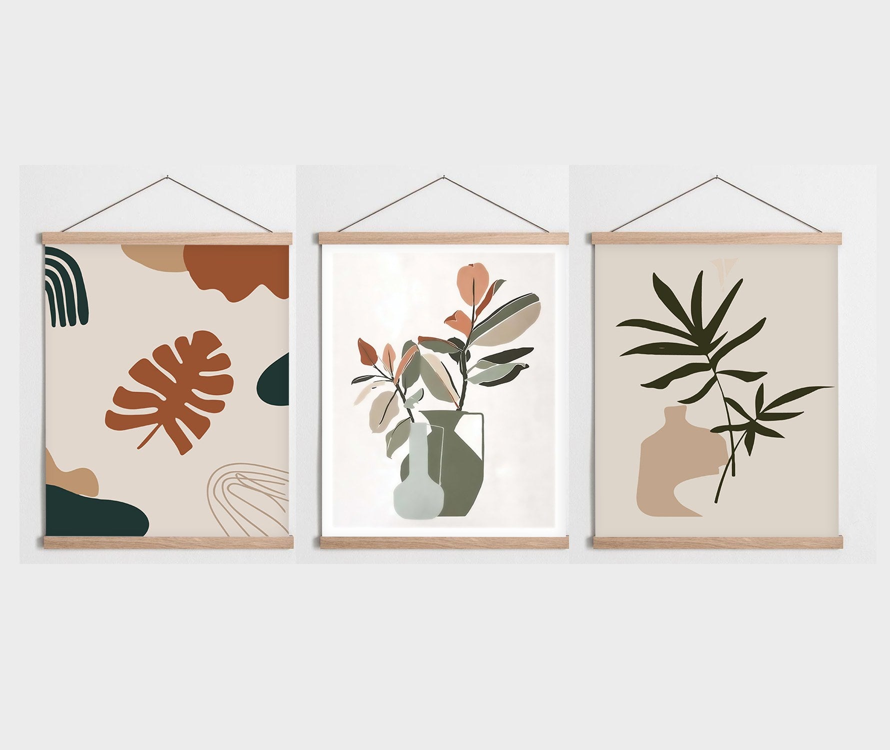 Conjunto de 3 Quadros Decorativos Multicolor com Moldura de Madeira - 40x60cm - Tela Mista Poliéster/Algodão