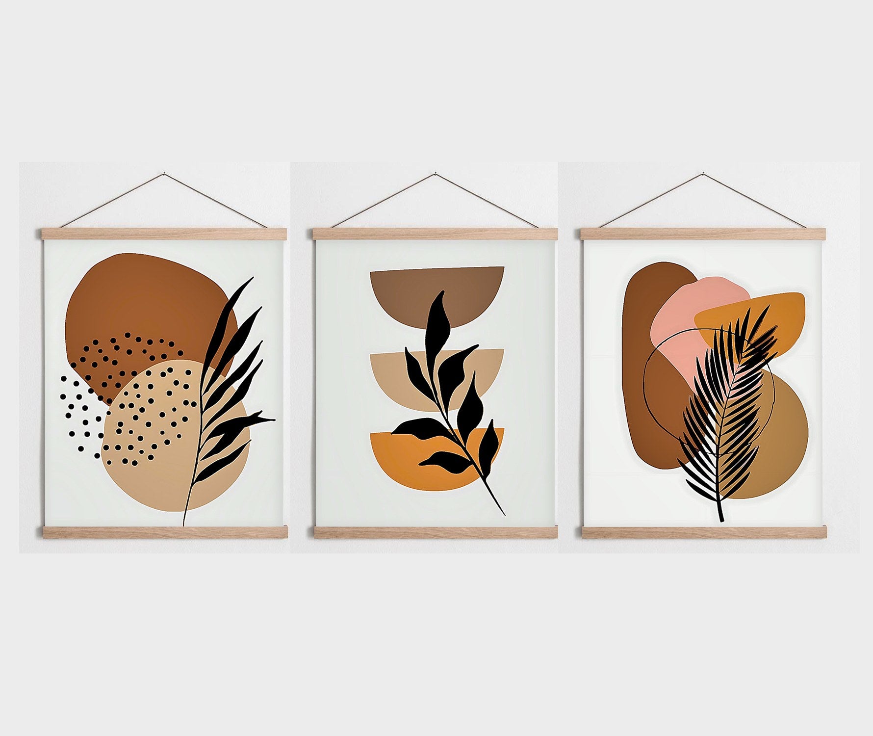 Conjunto de 3 Quadros Decorativos Multicolor com Moldura de Madeira - 40x60cm - Tela Mista Poliéster/Algodão