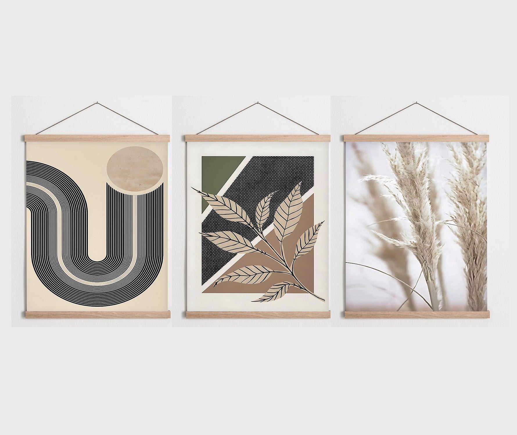 Conjunto de 3 Quadros Decorativos Multicolor com Moldura de Madeira - 40x60cm - Tela Mista Poliéster/Algodão