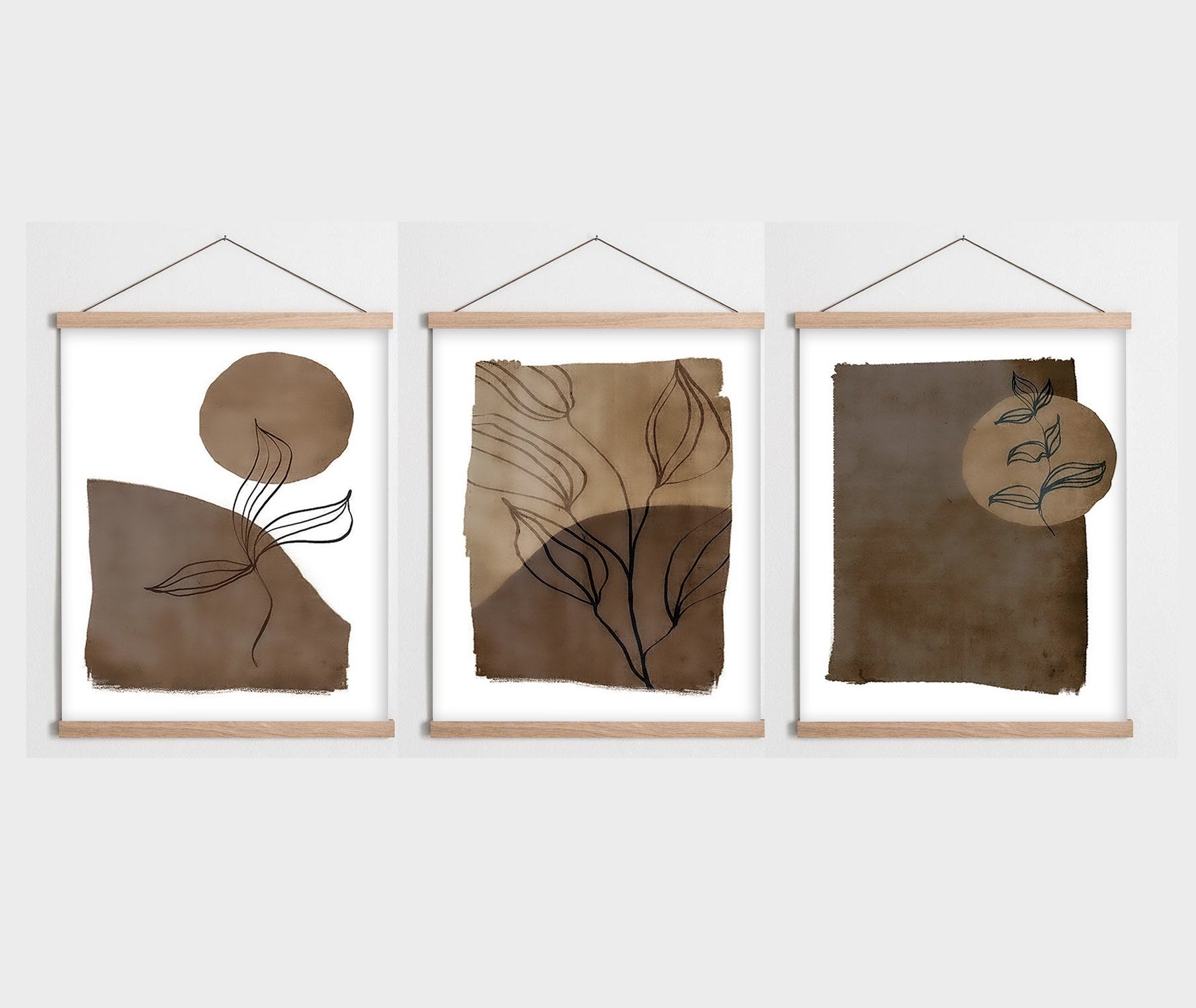 Conjunto de 3 Quadros Decorativos Multicolor com Moldura de Madeira - 40x60cm - Tela Mista Poliéster/Algodão