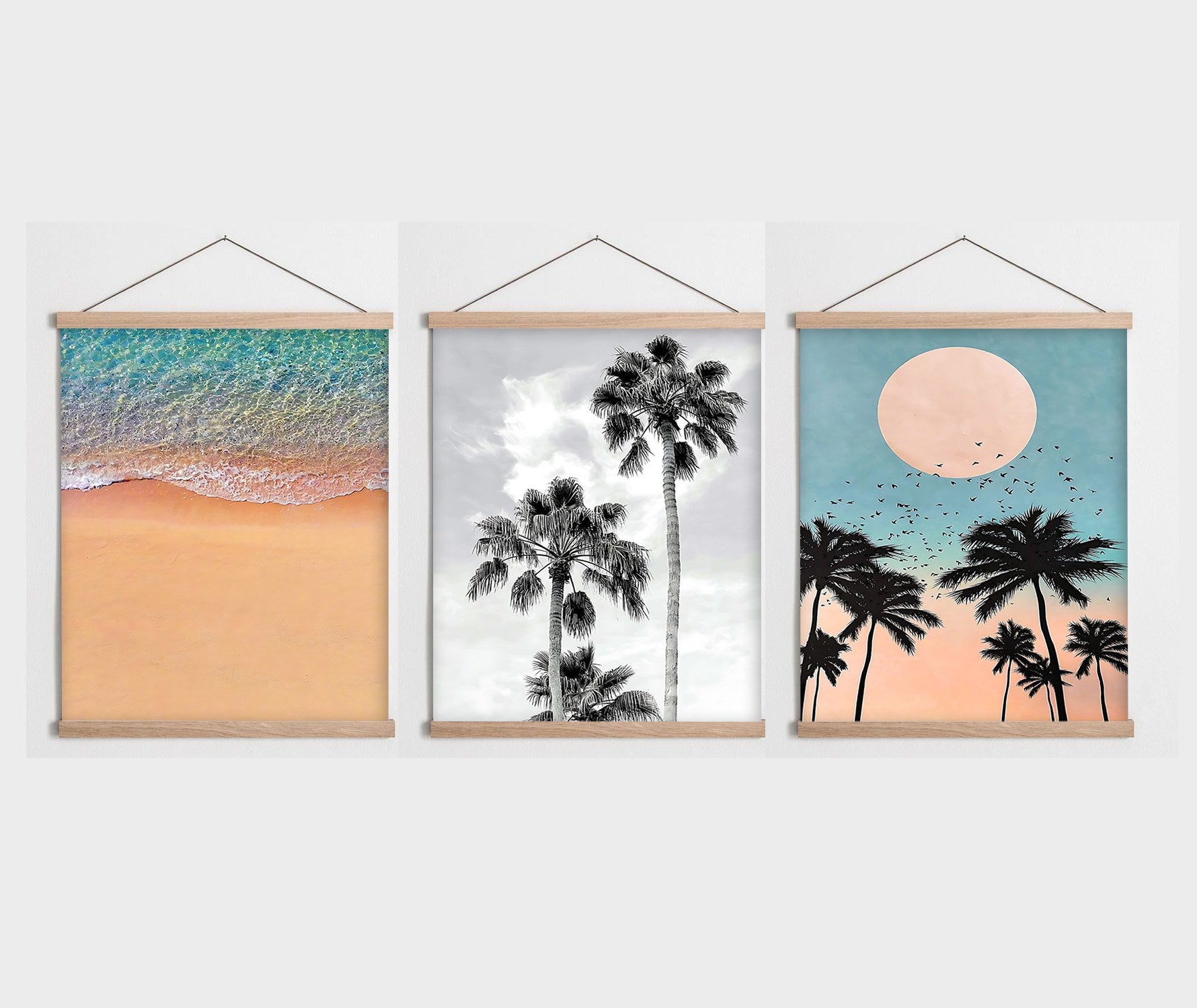 Conjunto de 3 Quadros Decorativos Multicolor com Moldura de Madeira - 40x60cm - Tela Mista Poliéster/Algodão