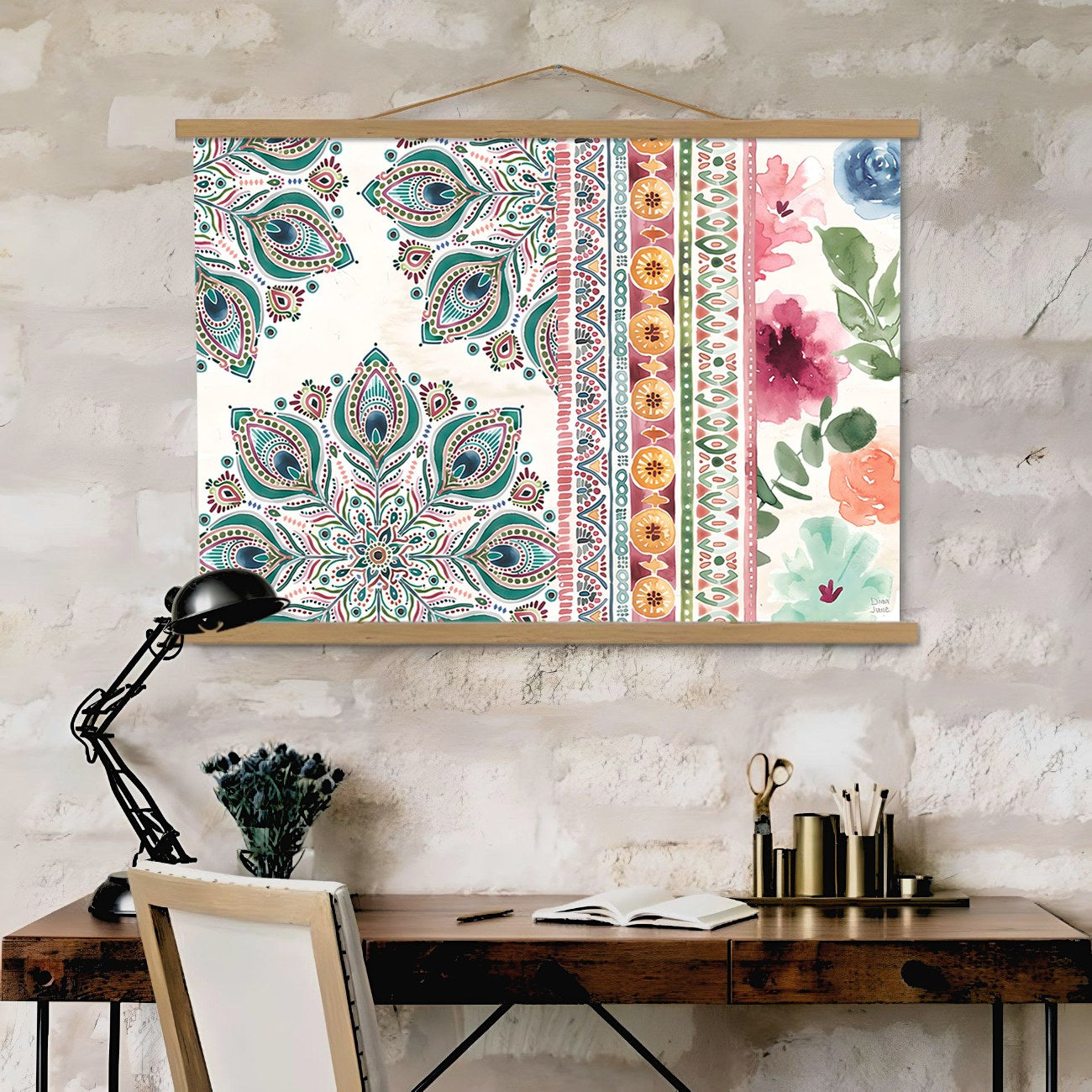 Quadro Decorativo Emoldurado MRG30 Multicolor 50x70cm - Moldura Madeira 100% e Tecido Misto Poliéster/Algodão