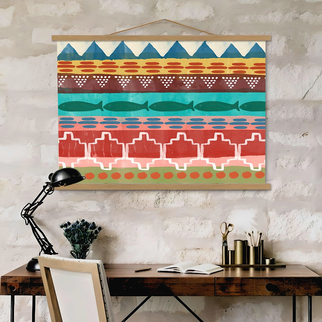 Quadro Decorativo Emoldurado MRG32 Multicolor 50x70cm - Moldura Madeira 100% e Tecido Misto Poliéster/Algodão